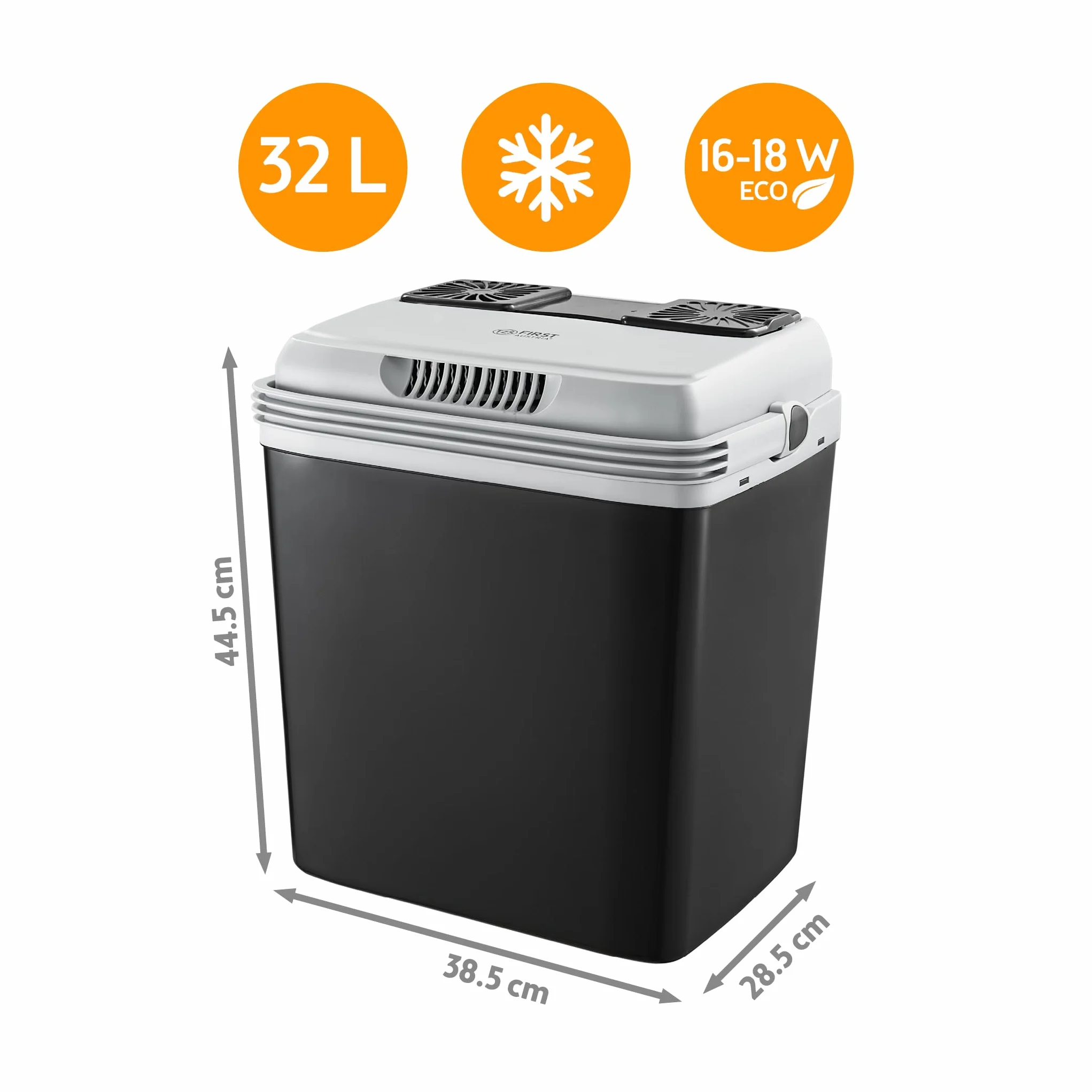 TZS First Austria - Frigo Portatile Elettrico 32L - Tripla Alimentazione con USB-C PD 3.0 - Raffreddamento e Riscaldamento - 12V/230V/USB-C - Minibar - Nero/Grigio