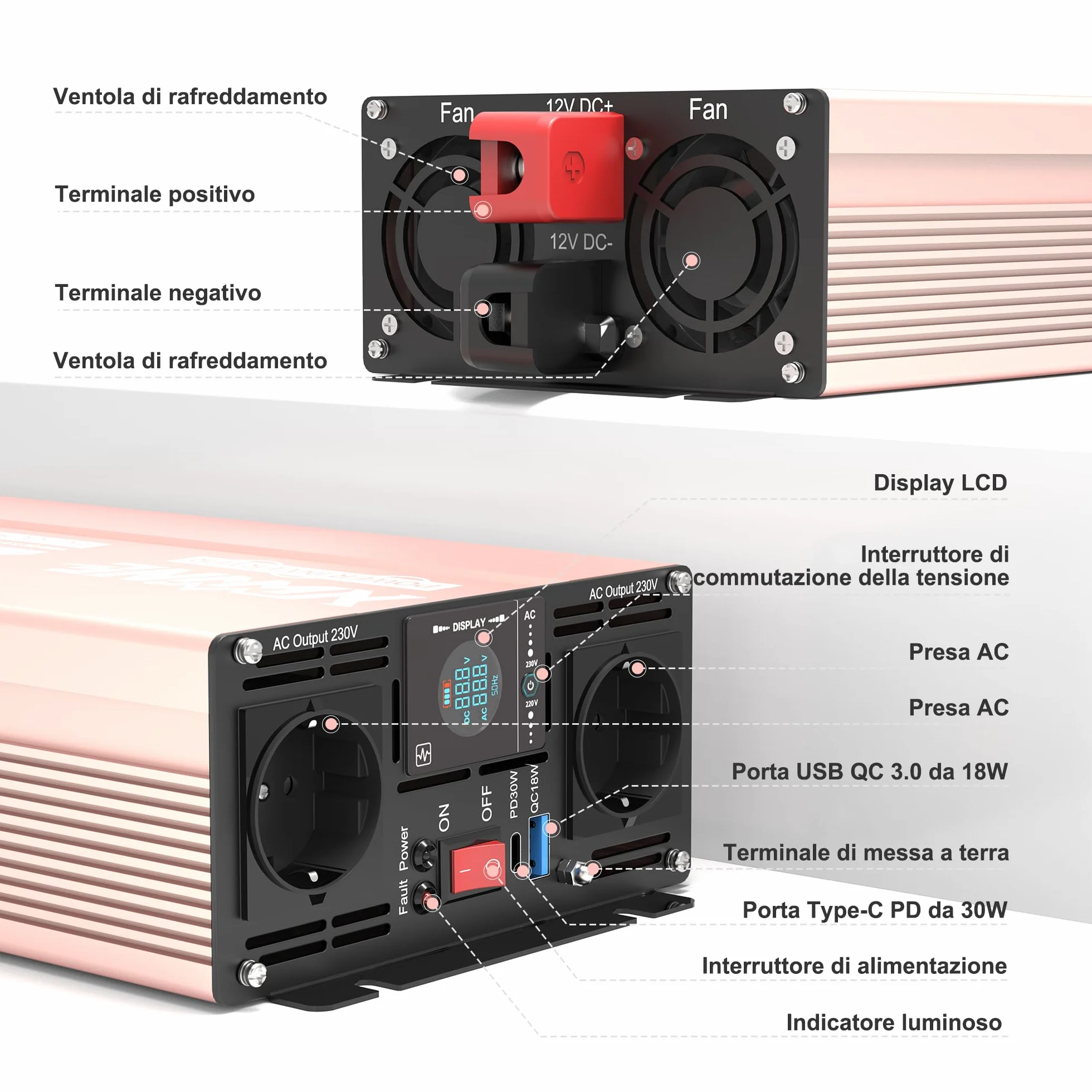 Inverter 12V 220V 2000W Onda Sinusoidale Pura Convertitore di Tensione con Display LCD e Telecomando