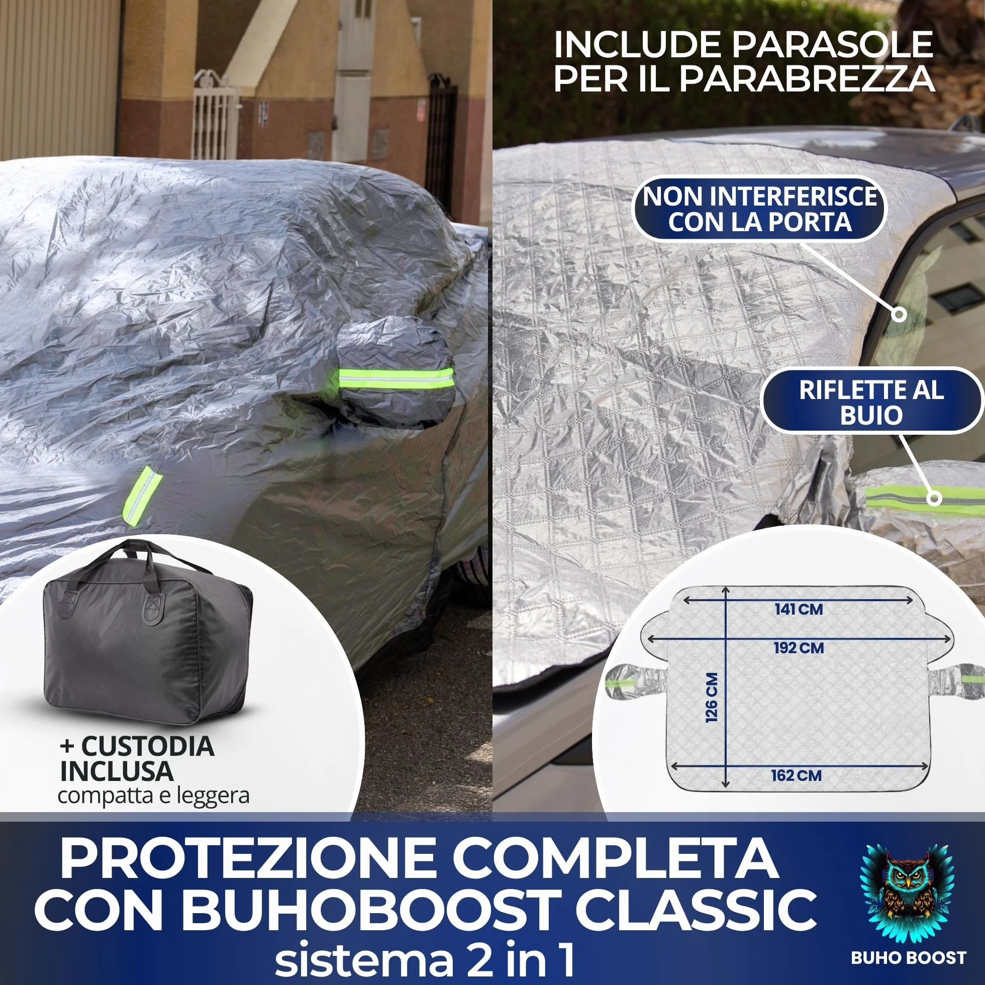 Classic - Telo Auto 100% Impermeabile con Parasole Incluso - Telo Copriauto Da Esterno con 2 Zip Strategiche - Protezione Completa Pioggia/Neve/UV/Polvere - Misura Universale Auto SUV