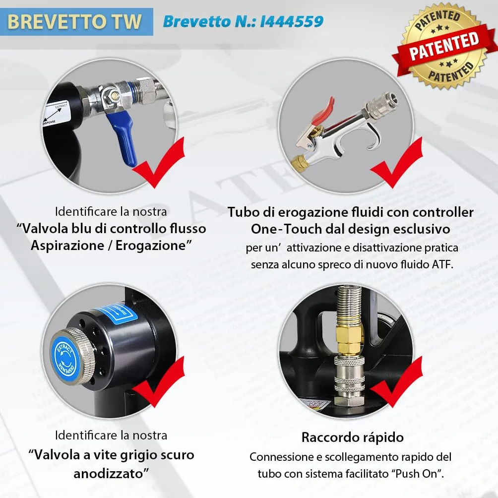 FIRSTINFO Kit Pneumatico ATF 10L per Riempimento e Aspirazione Olio Cambio Automatico, Pompa Cambio Olio Trasmissione con 14 Adattatori ATF, Attrezzatura Professionale Officina A1135NEU