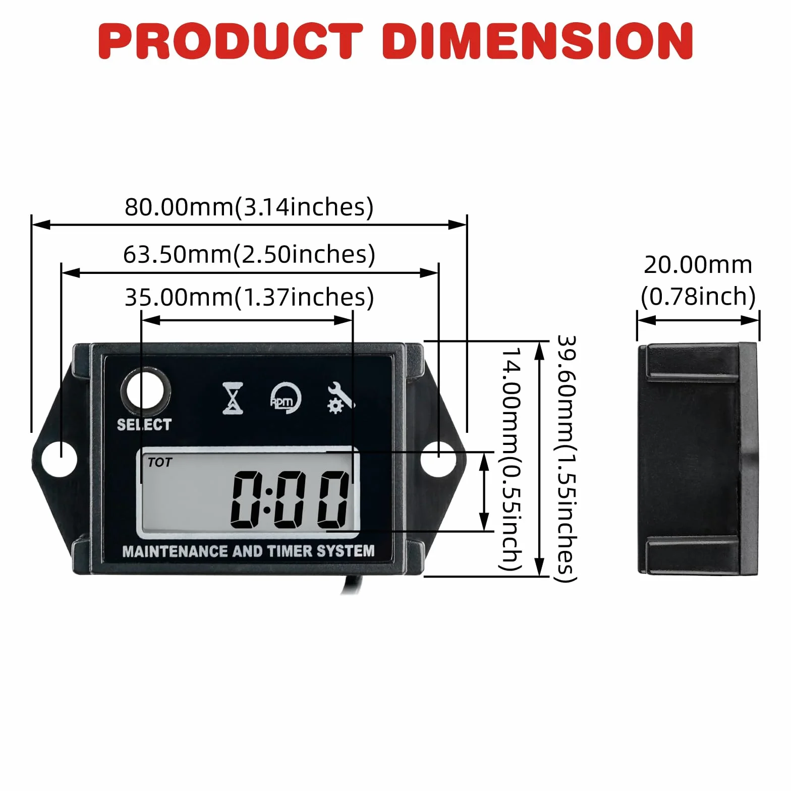 RQ-HM026C Tachimetro digitale, ore totali, promemoria SVC, impermeabile IP68, per motori a benzina come tosaerba, trattori, moto d'acqua, imbarcazioni marine, motori fuoribordo (nero)