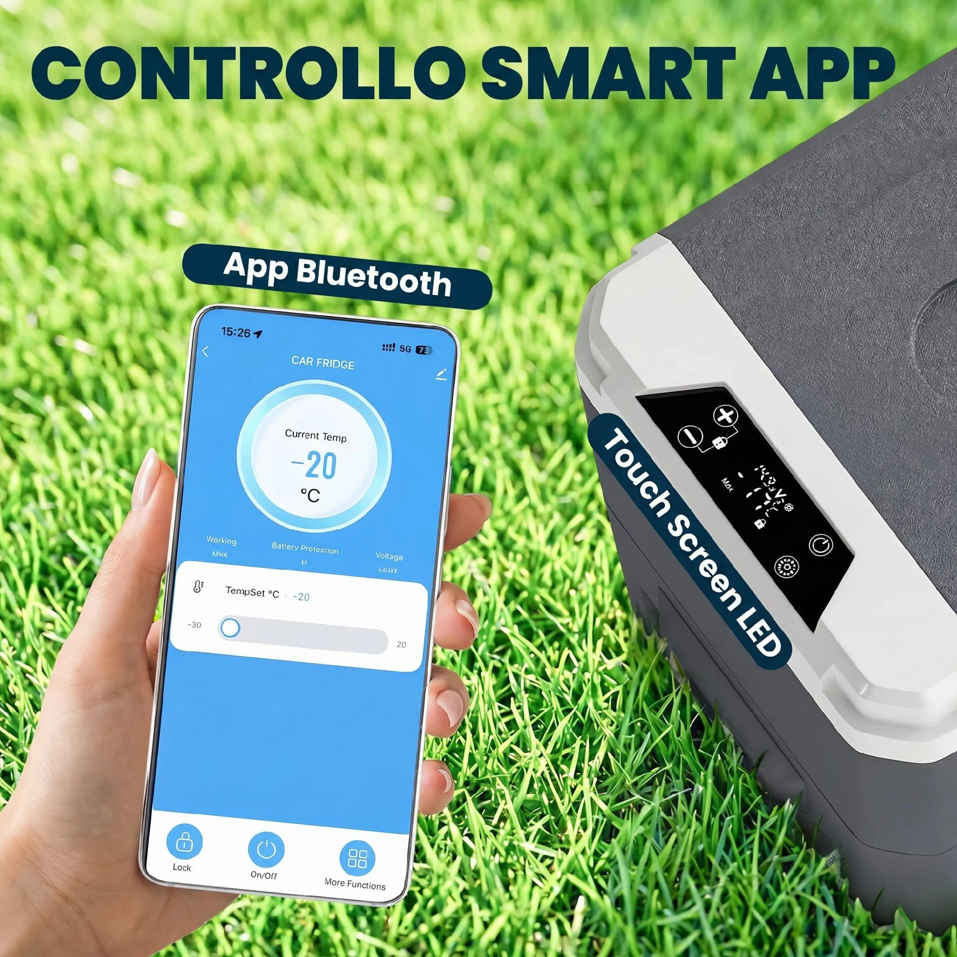 Outsunny Frigorifero Portatile per Auto 25L con Compressore, Frigo Portatile Elettrico Anti-Shock, APP Bluetooth, Maniglia, 12/24V DC e 100-240V AC, -20°C a 20°C, per Campeggio Camion Barca Camper