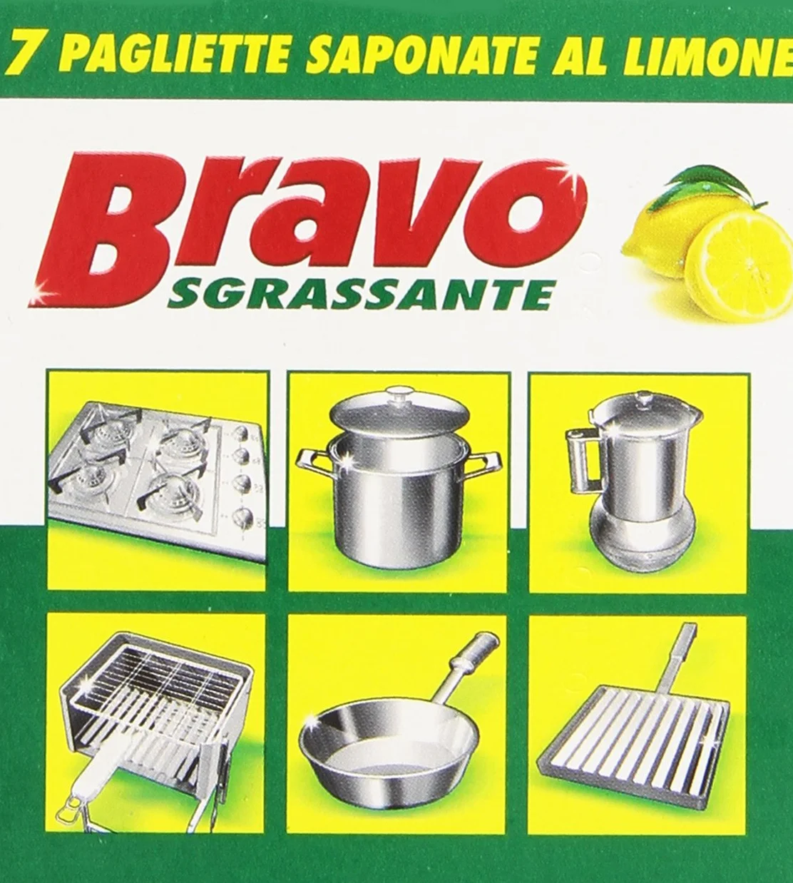 Bravo Detergente per Stoviglie e Superfici Dure Sgrassante al Limone 7 Pagliette Saponate Confezione da 2