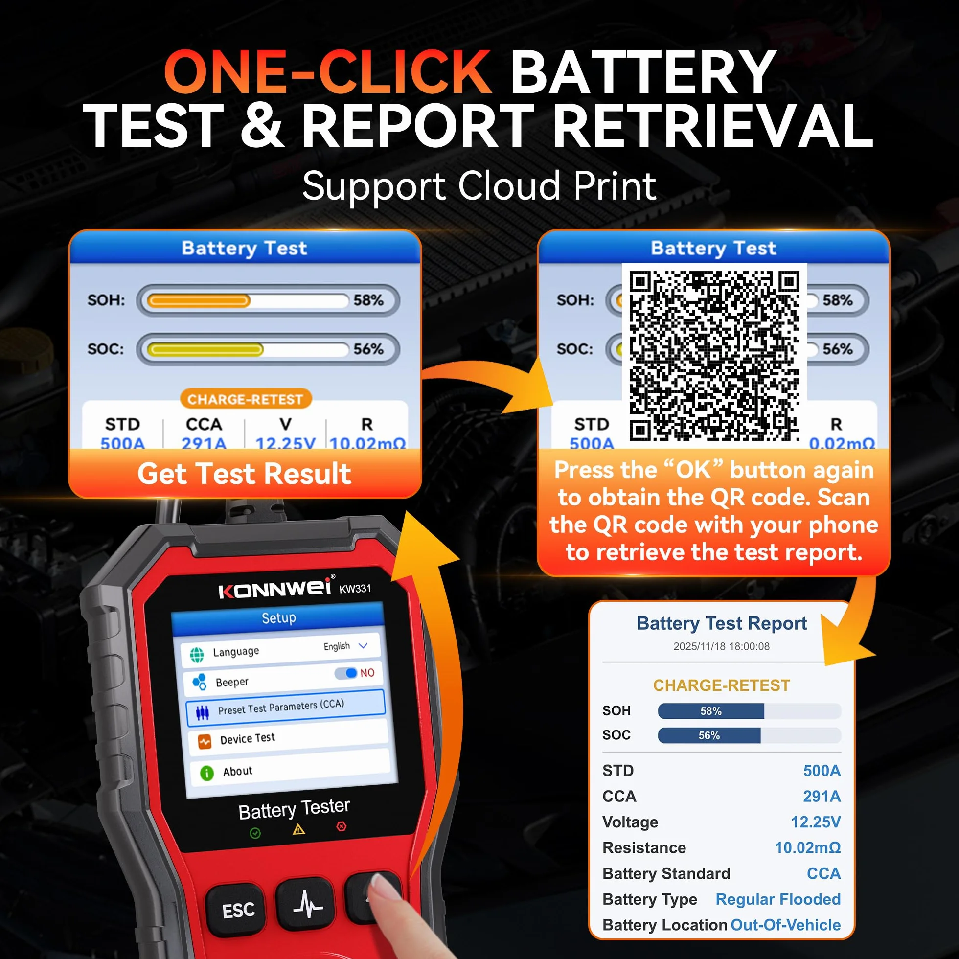 KONNWEI KW331 Tester per Batterie Auto 100-2000 CCA con Stampa Cloud 6V 12V 24V AGM Litio Gel Analizzatore Digitale Alternatore Automobilistico Sistema di Avviamento e Carica