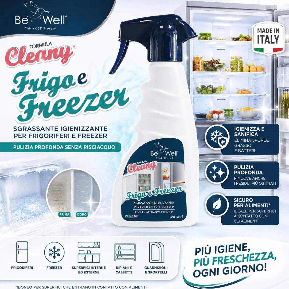 CLEANY Detergente Igienizzante Frigorifero Freezer Spray 500 ml Made in Italy