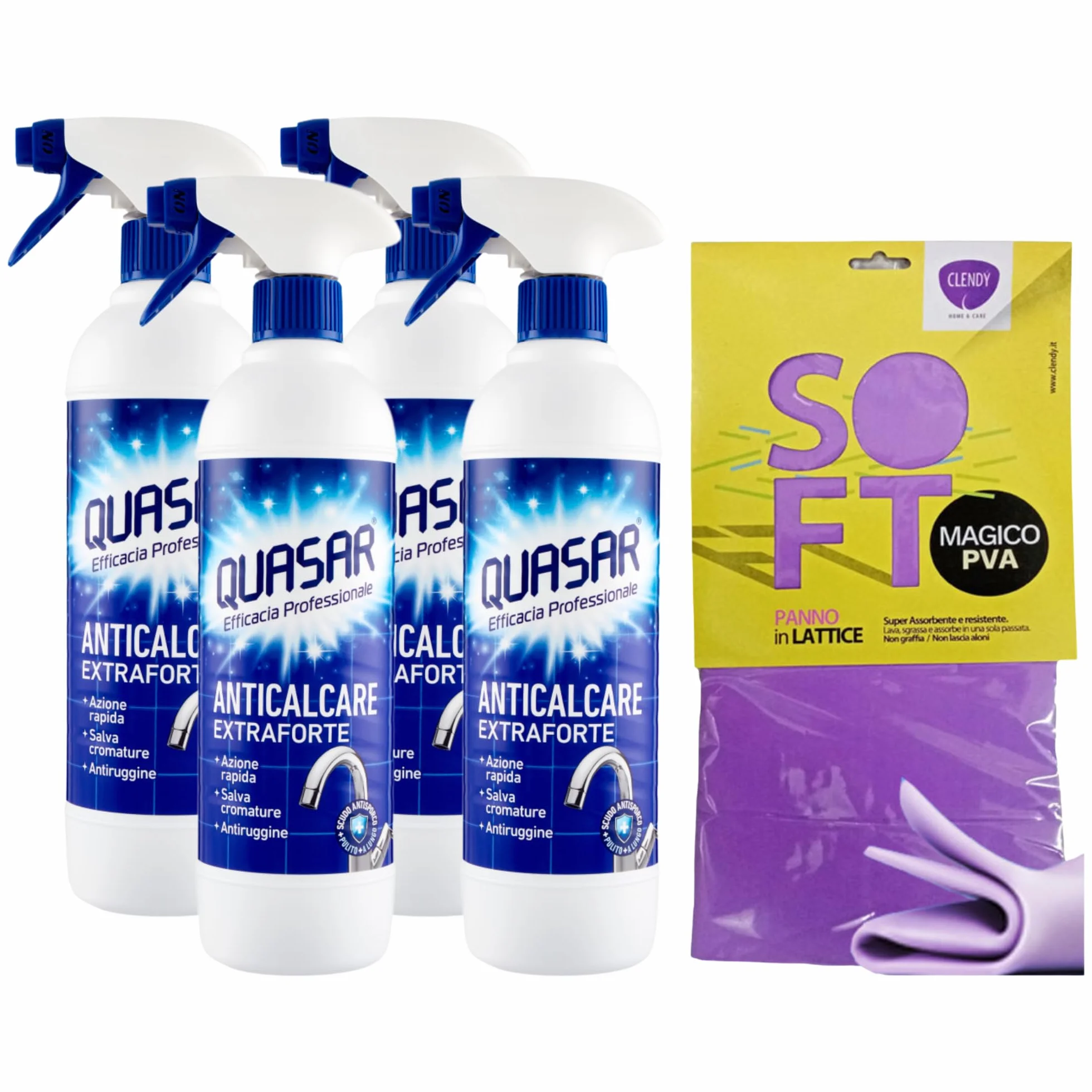 Quasar ANTICALCARE EXTRAFORTE SET PULIZIA 580ml Azione Rapida Salva Cromature Antiruggine Panno Soft Lattice 30x30