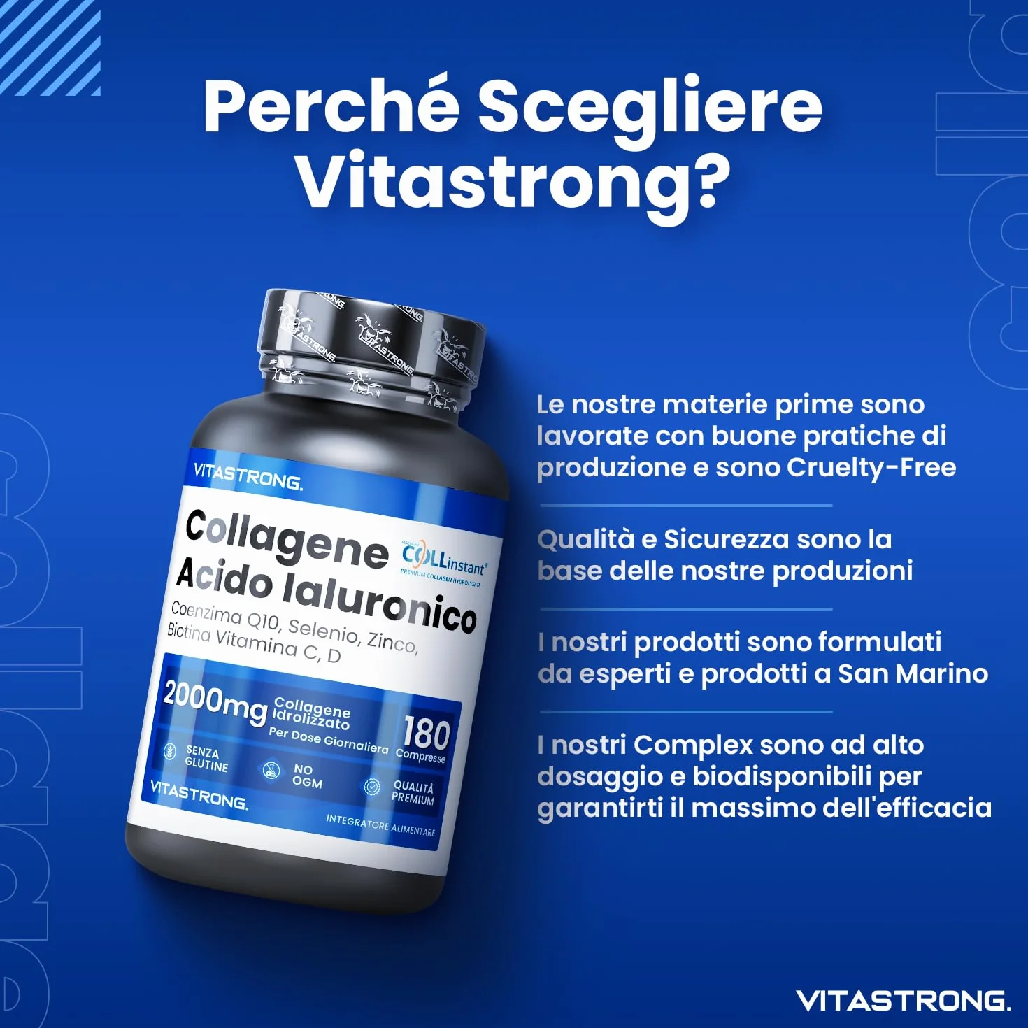 Vitastrong COLLAGENE IDROLIZZATO 2000MG Collinstant Collagene e Acido Ialuronico con Biotina, Coenzima Q10, Zinco, Selenio, Vitamina C, Vitamina D