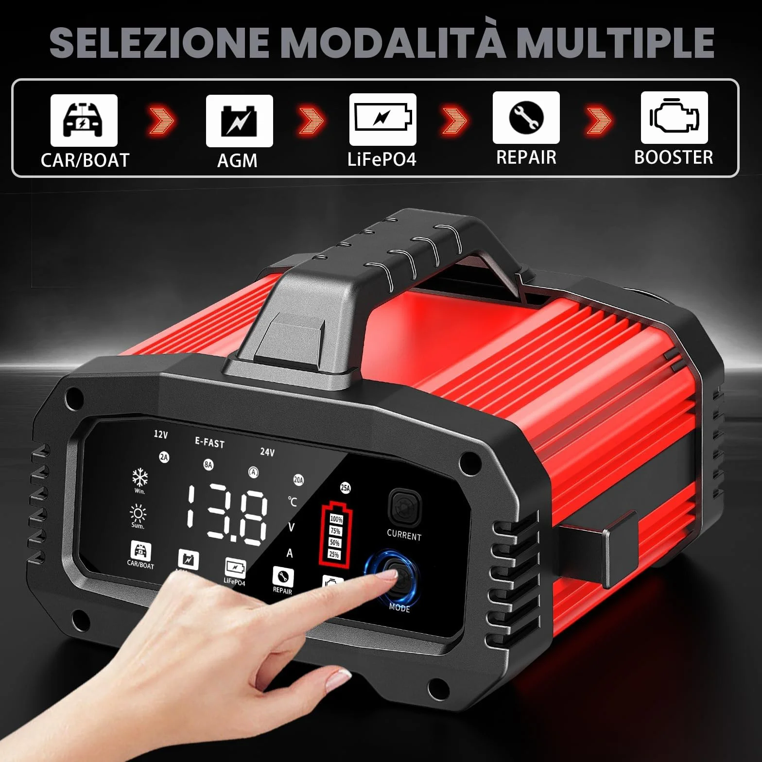 Caricabatteria da Auto 12V 25A 24V 15A LiFePO4 BOOSTER LED Intelligente AGM Gel SLA