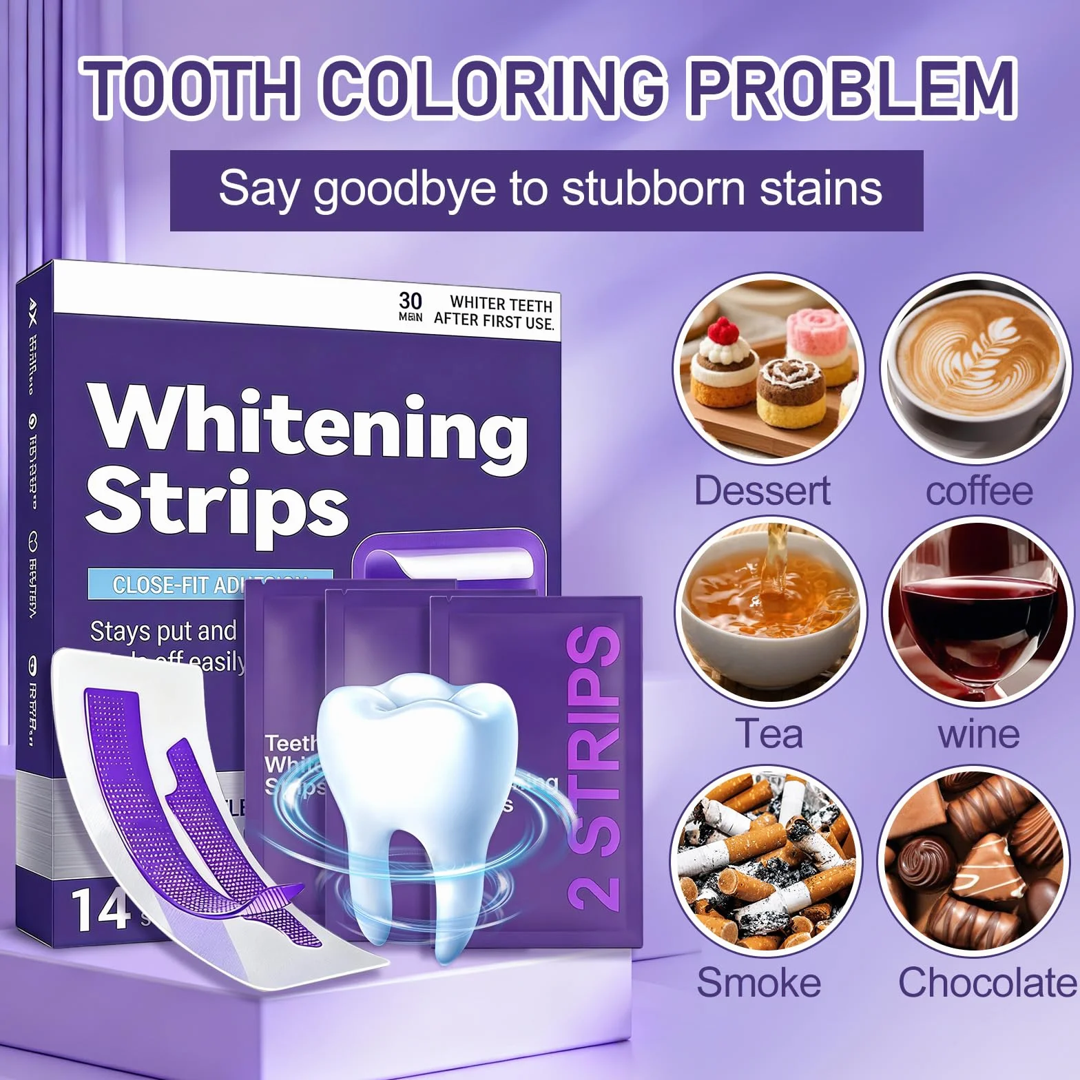 Strisce Sbiancanti Denti Viola 14pcs, Kit Sbiancamento Dentali Professionale, Effetto Rapido