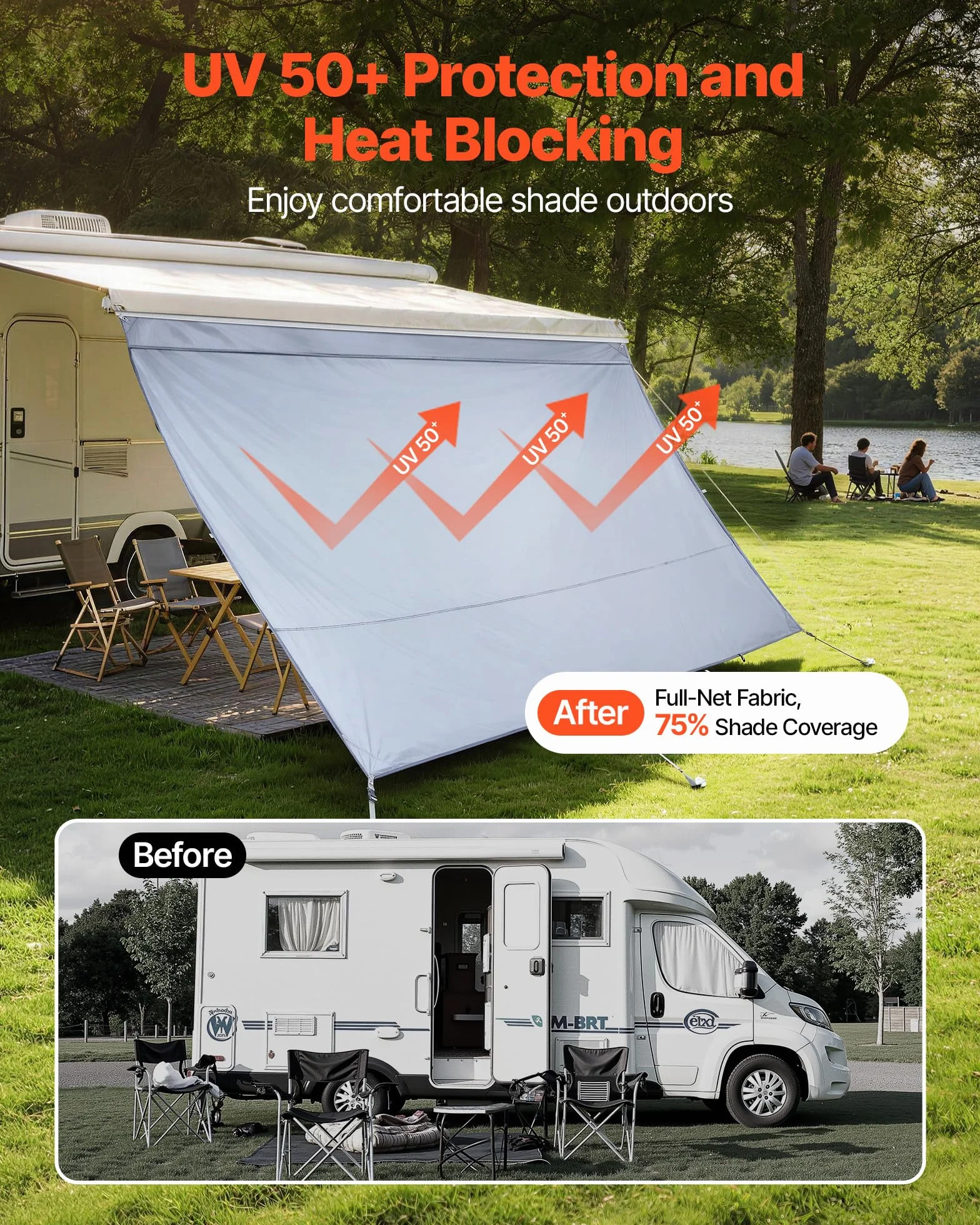 VEVOR Parasole per Camper Roulotte 2 x 3,7 m Pannello Frontale Tenda da Sole Poliestere Anti UV50+