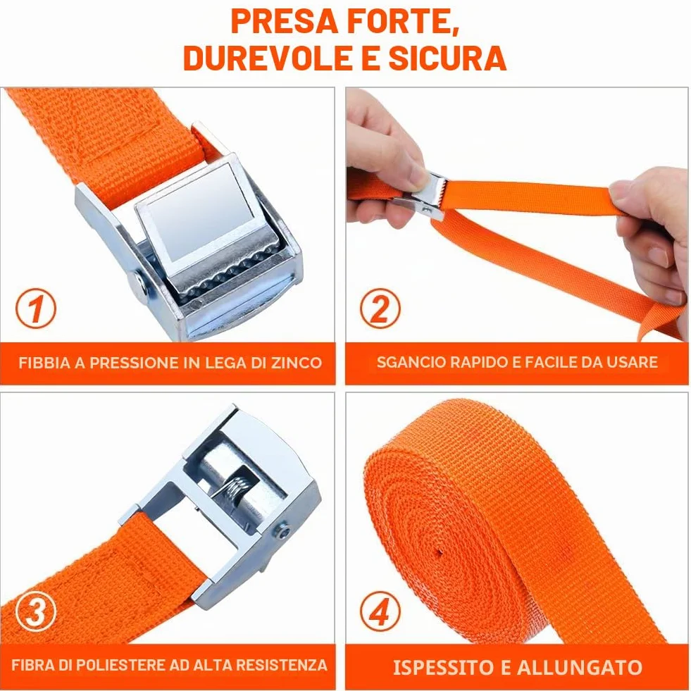4 Pezzi 150 kg 6 M Cinghie di Tensione con Cricchetto 20 mm per Trasporto Merce