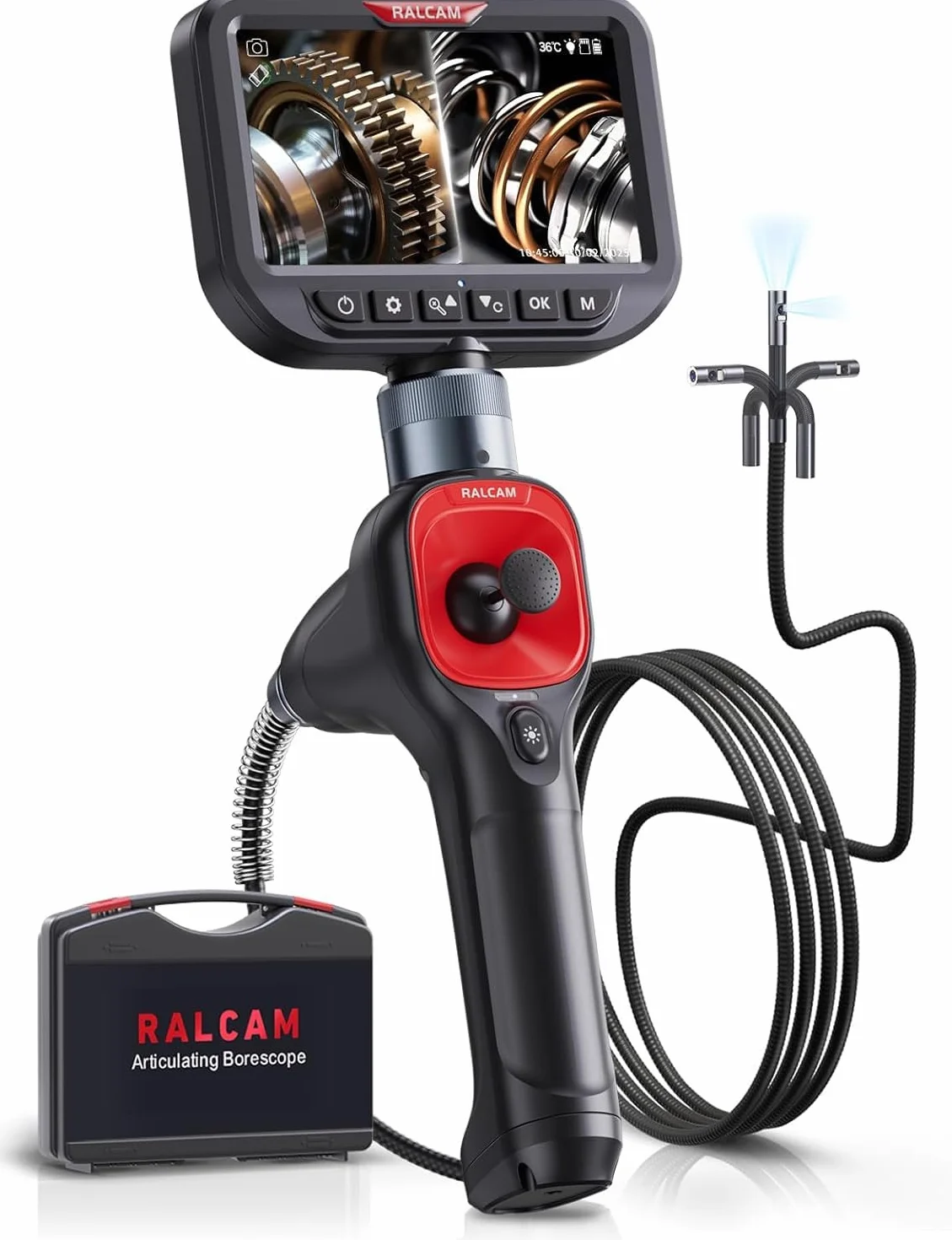 Ralcam Telecamera Endoscopica 360° a Doppio Obiettivo, Schermo HD 5", Sonda 6,5 mm, Impermeabile IP67, 6+1 LED, Cavo 1,5 m