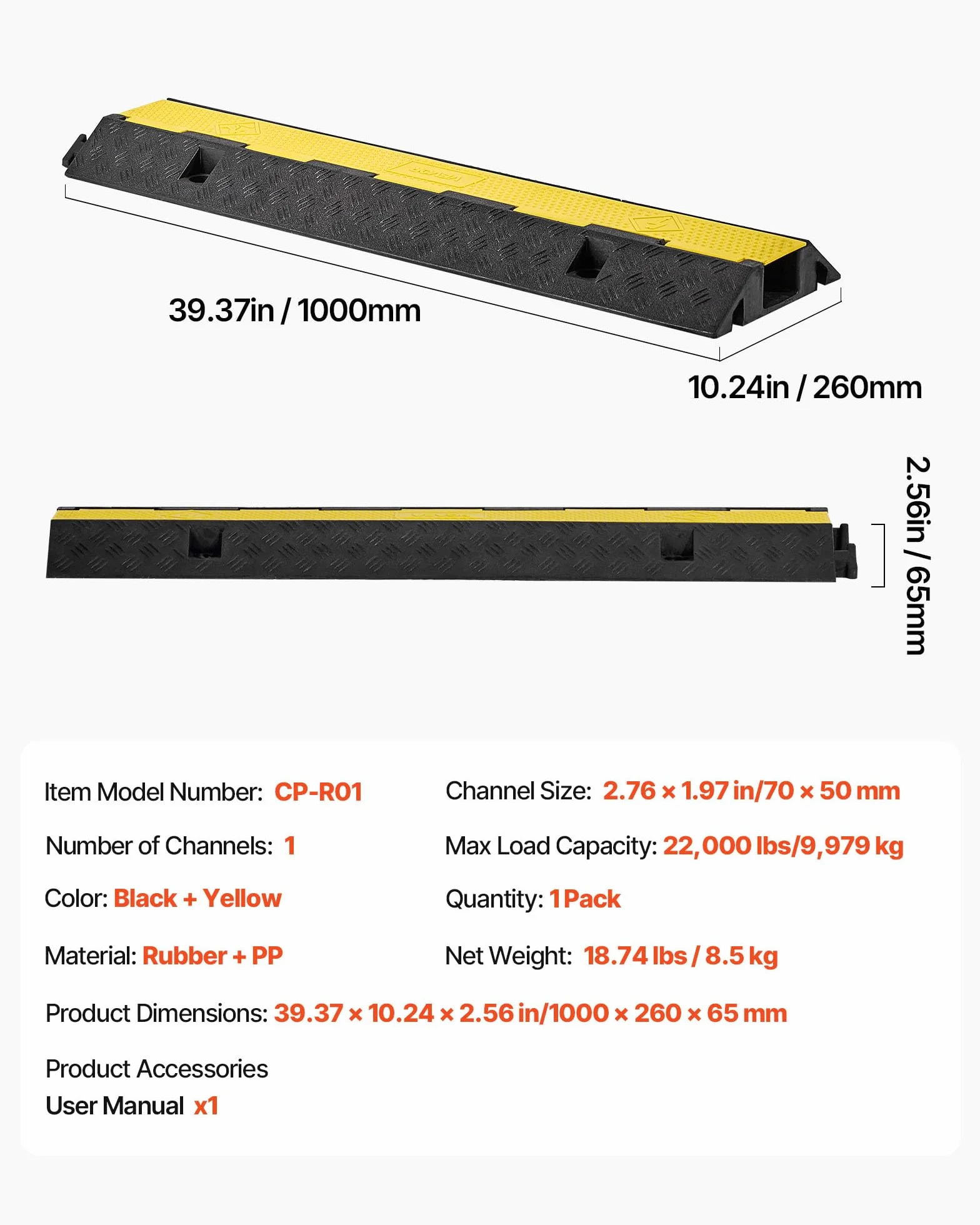 VEVOR Rampa di Protezione per Cavi, Capacità di 9979 kg/Asse, 1 Canale di Copertura per Tubo Flessibile in Gomma 70 x 50 mm, Dosso Rallentatore con Coperchio Superiore Apribile, 1 Confezione