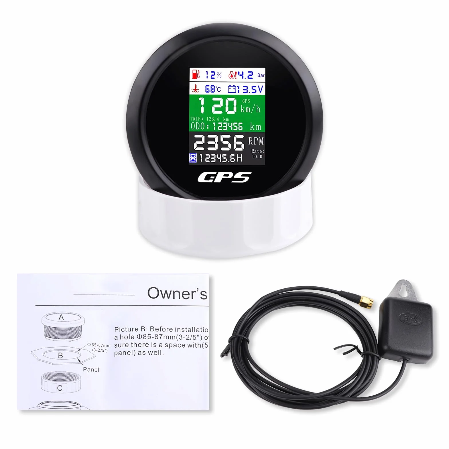 Tachimetro GPS 85 mm 6 in 1 Multifunzione Digitale Tachimetro Contagiri Voltmetro Indicatore Livello Carburante Temperatura Acqua e Pressione Olio