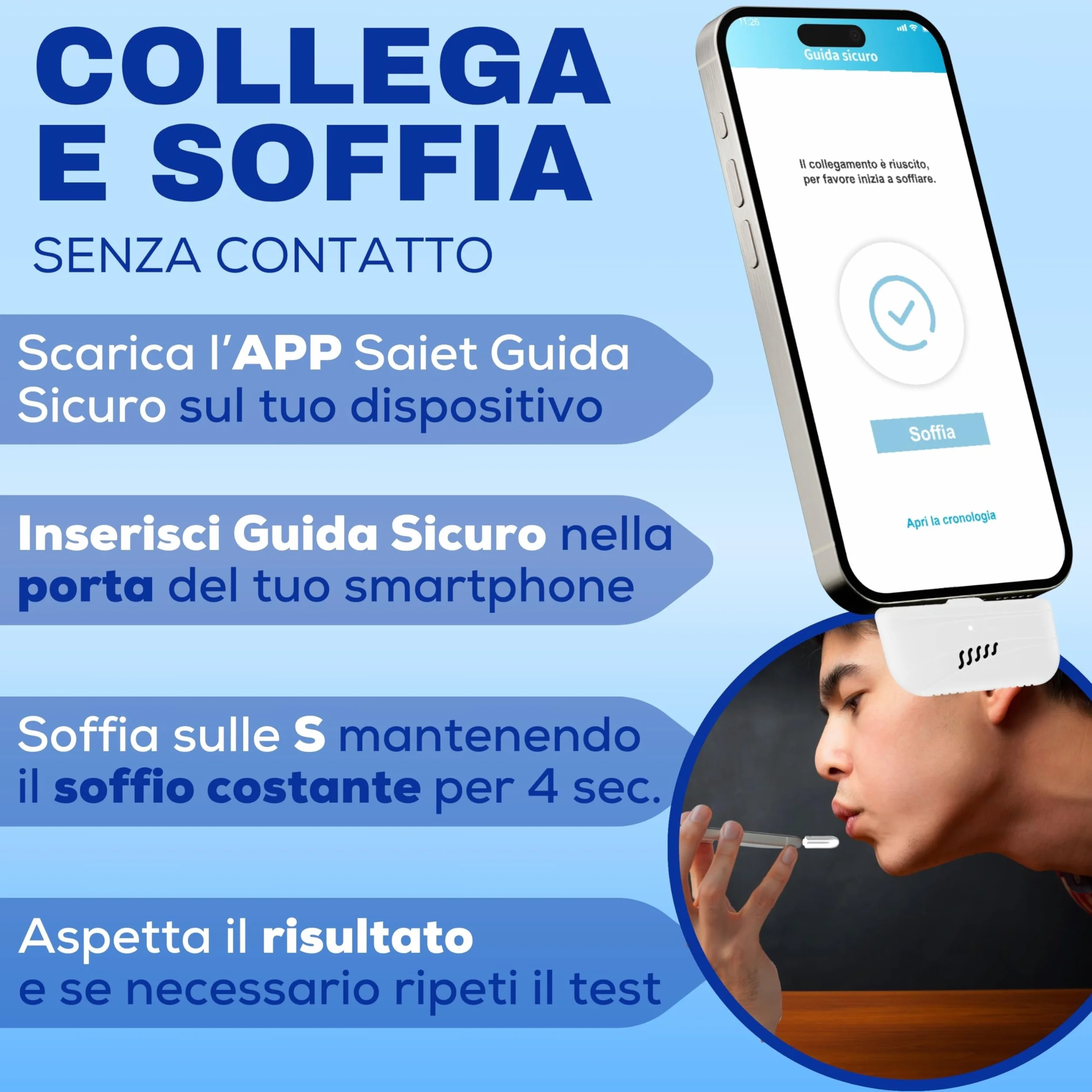 SAIET Alcoltest Portatile Senza Contatto Igienico con App Dedicata