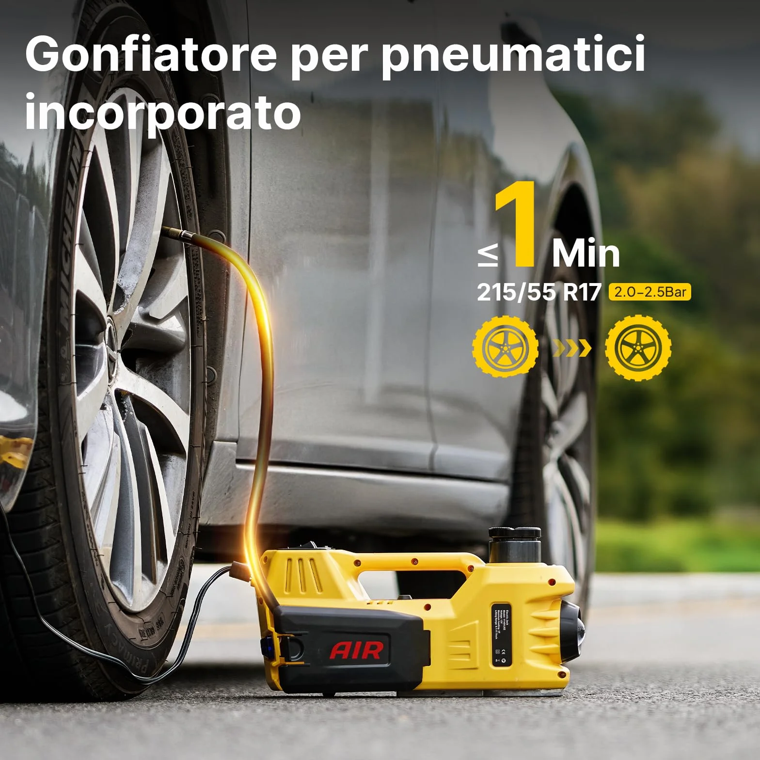 TaskStar Cric idraulico elettrico 12V 5 Ton per auto, portata 15,5-45 cm con chiave e gonfiatole