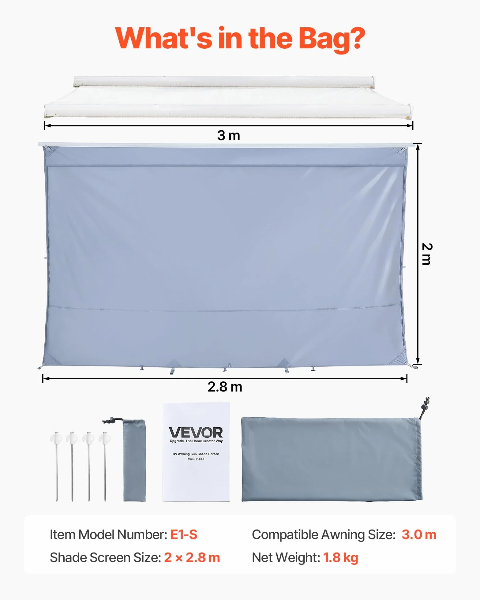 VEVOR Pannello Laterale Frangisole per Tenda da Sole 2 x 2,8 m, Parasole UV50+ per Camper Roulotte
