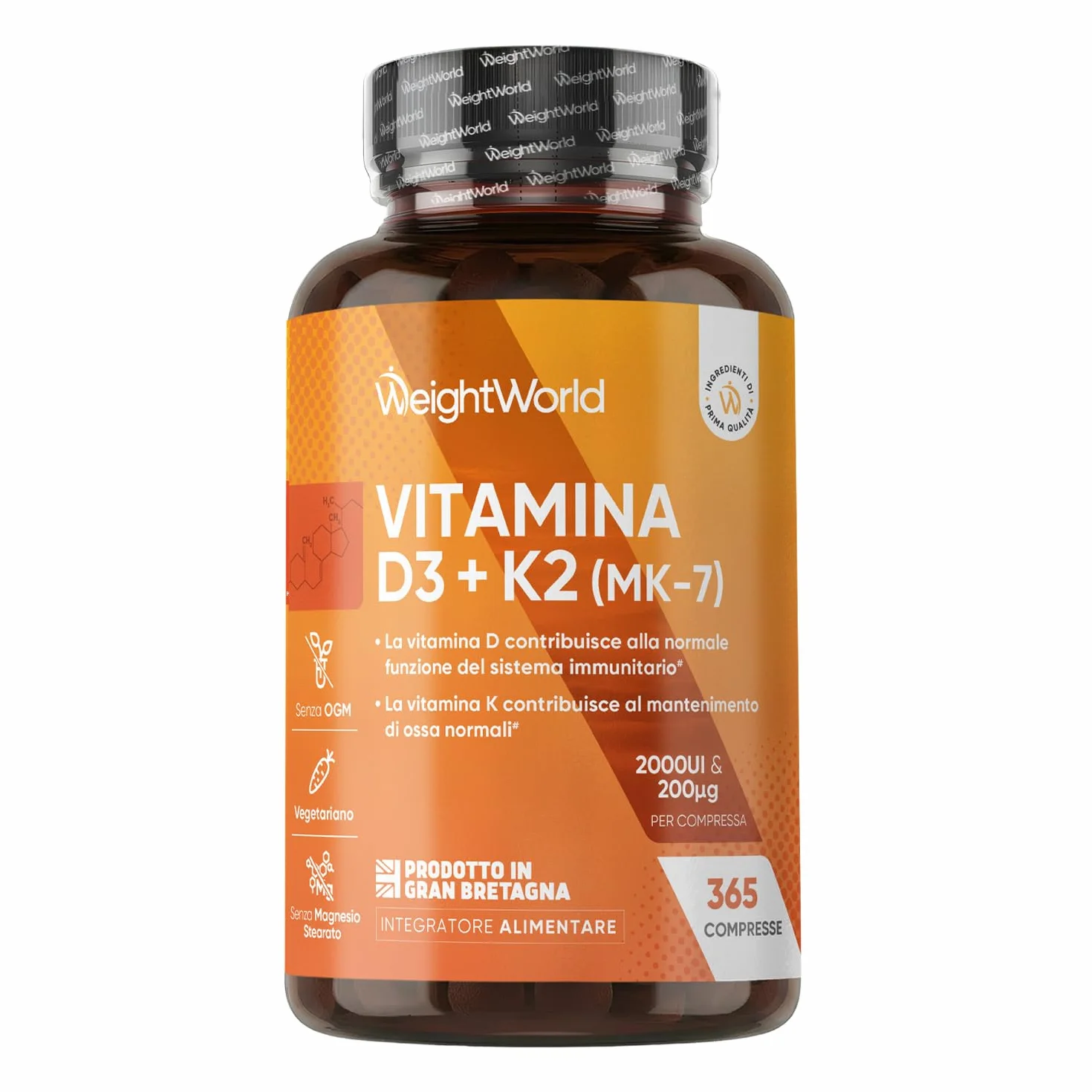 Vitamina D3 K2 2000UI Colecalciferolo 200μg Menachinone 365 Compresse Senza Glutine