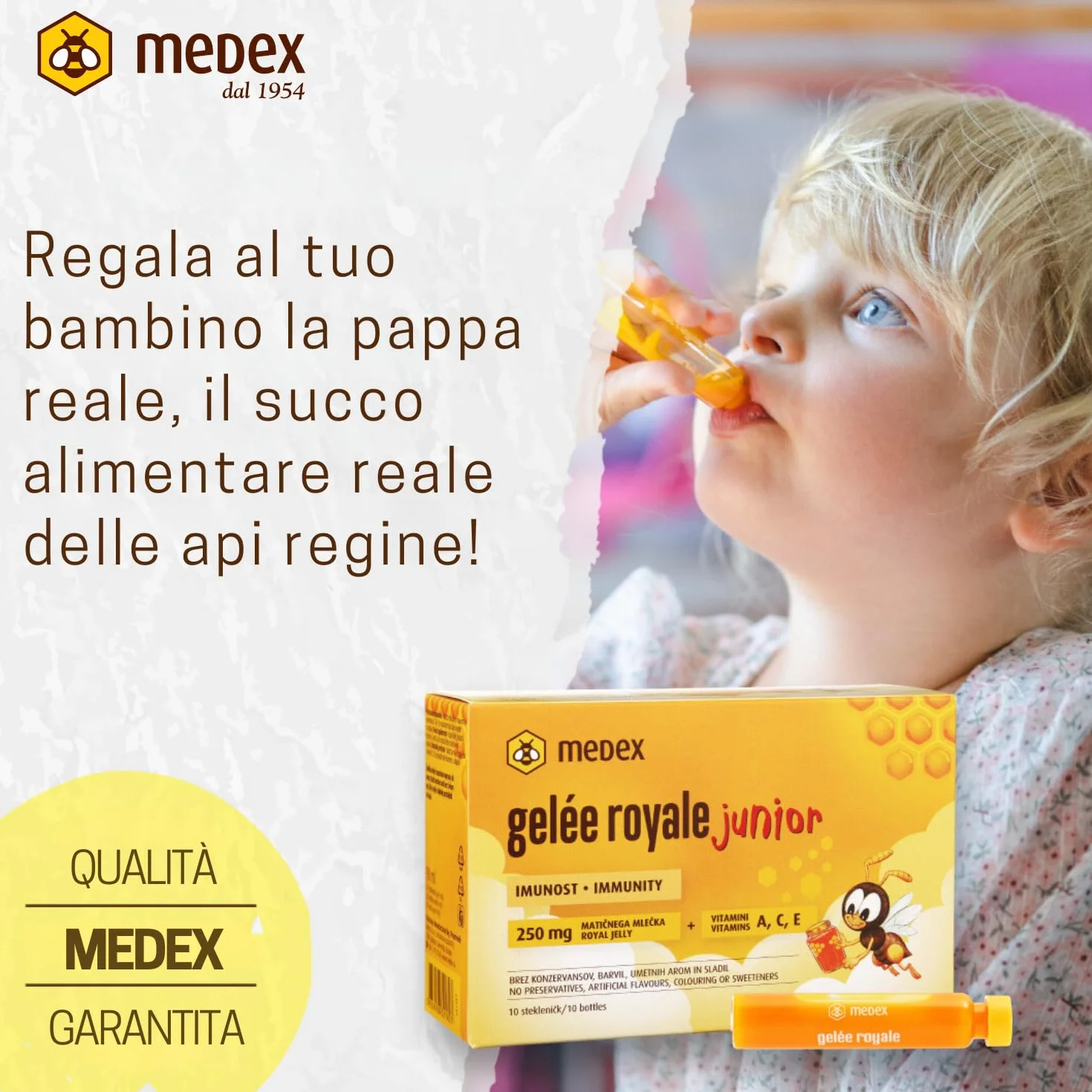 Medex Gelée Royale JUNIOR Pappa reale 250 mg vitamine naturali A C E liquido fiale 10x9 ml bambini 3+