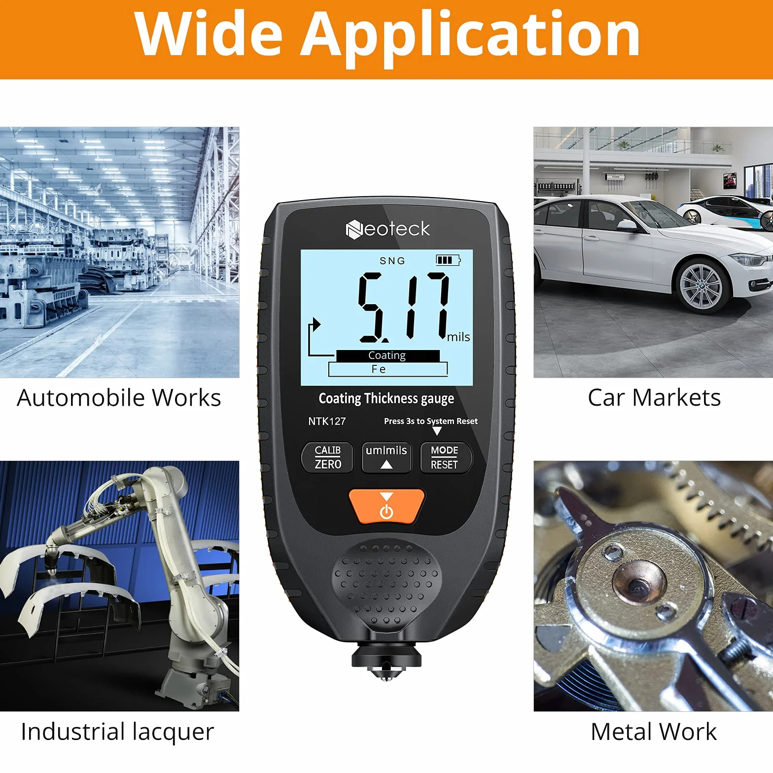 Neoteck Spessimetro per Vernice Auto Digitale 0-1500um Handheld LCD Misuratore di Spessore del Rivestimento Set Tester di Spessore della Vernice per Auto di Metallo Sonda Fe NFe - Arancione