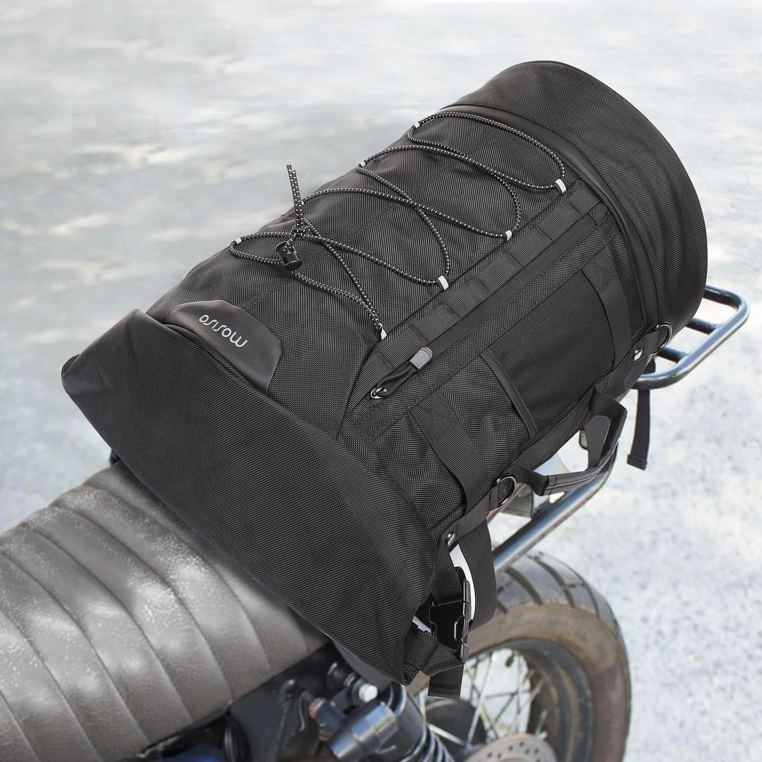 MOSISO Borsa Moto Schienale Sissy Bar da Viaggio Marsupio per Grande Capacita Espandibile 30L-48L, Borsa Posteriore Moto con Copertura Antipioggia e Tracolla, Nero