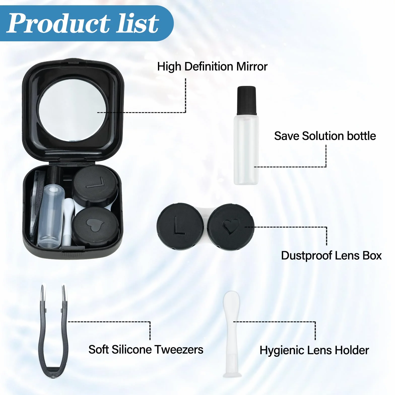 Custodia per Lenti a Contatto con Specchio Set di 2, Porta Lenti da Viaggio Igienica Portatile Nero