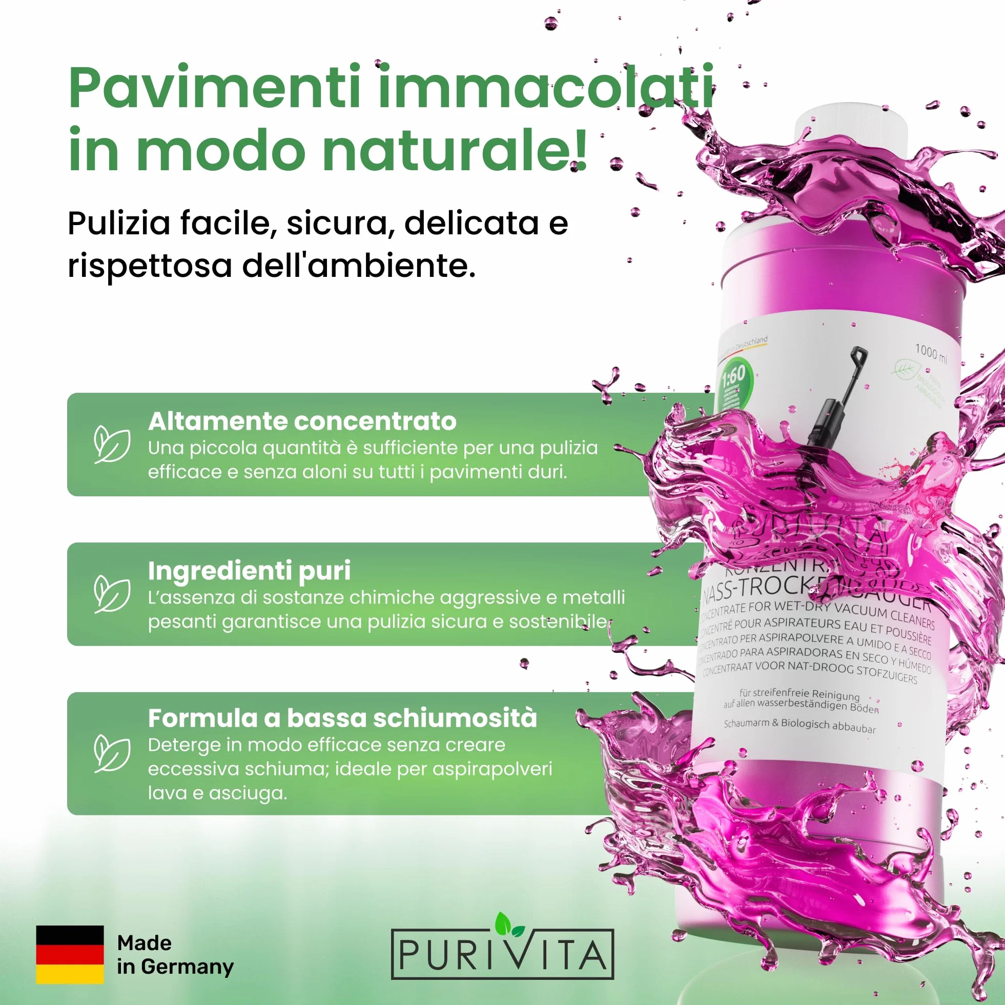 PURIVITA® Detergente Lavapavimenti Concentrato 1L - Detergente per Tergivetro ad Umido e Pavimenti