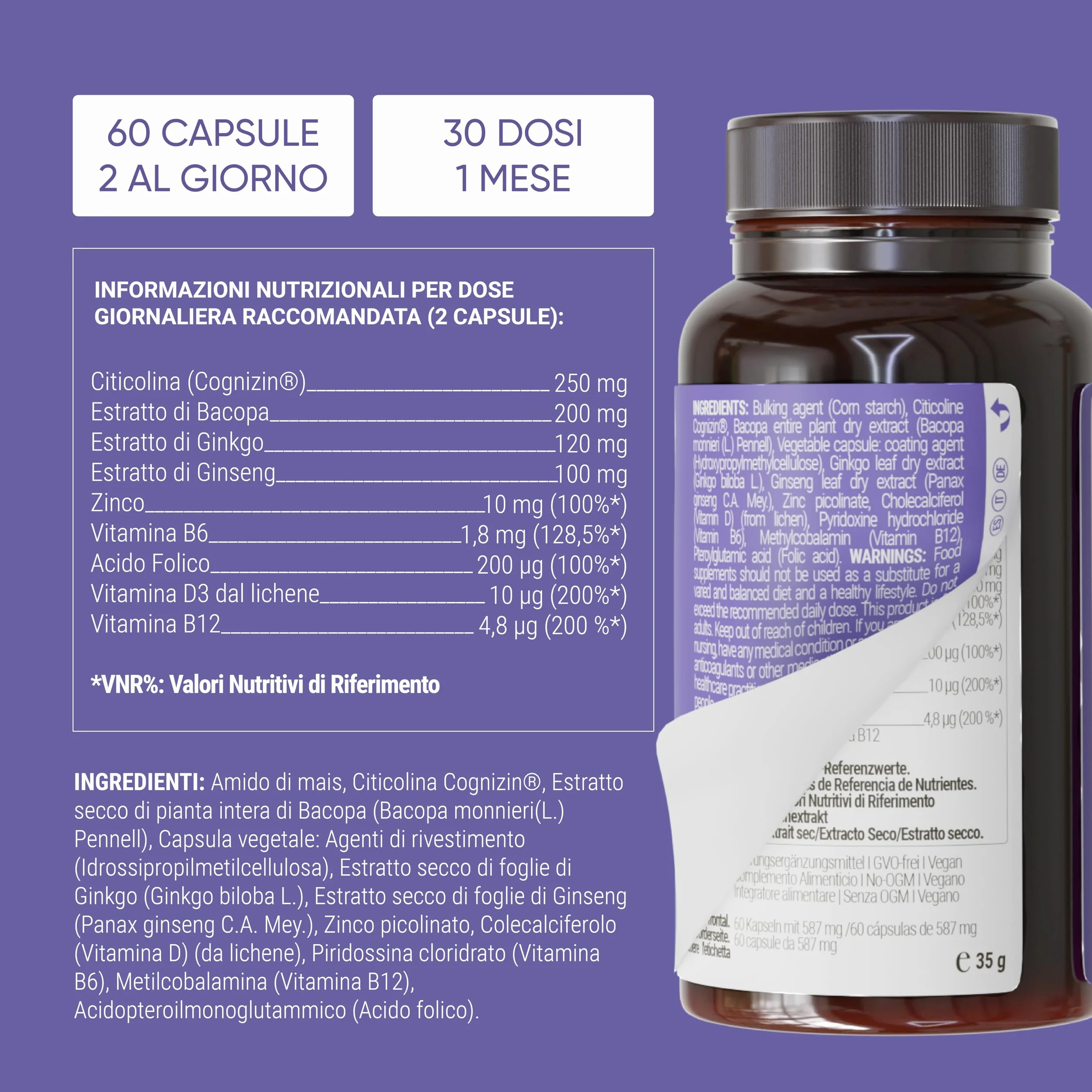 Nullure Nootropico con Citicolina 250 mg COGNIZIN® Integratore Memoria e Concentrazione 60 caps