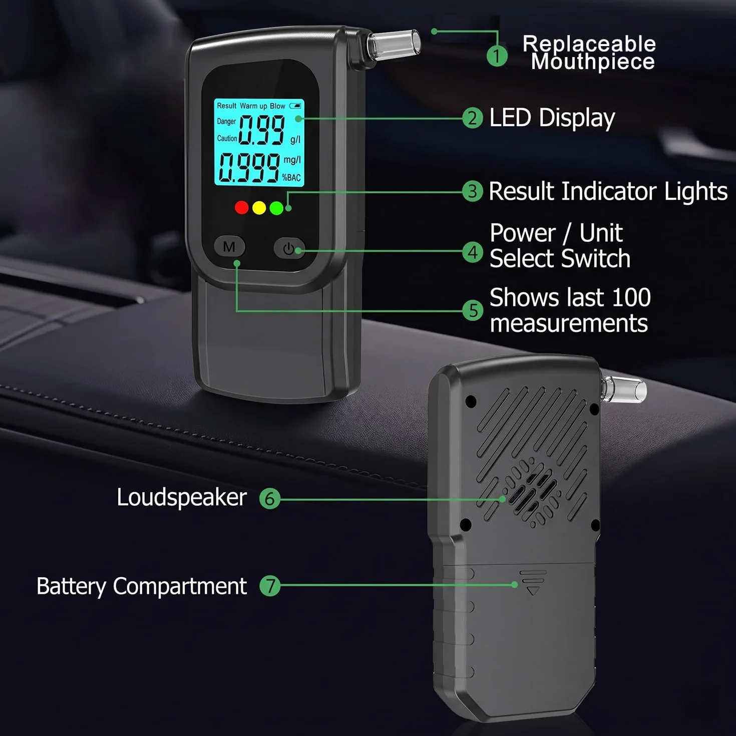 Etilometro Portatile Certificato GemCoo 3 Secondi Schermo LED Doppia Modalità Test Rapido Precisione 10 Bocchini
