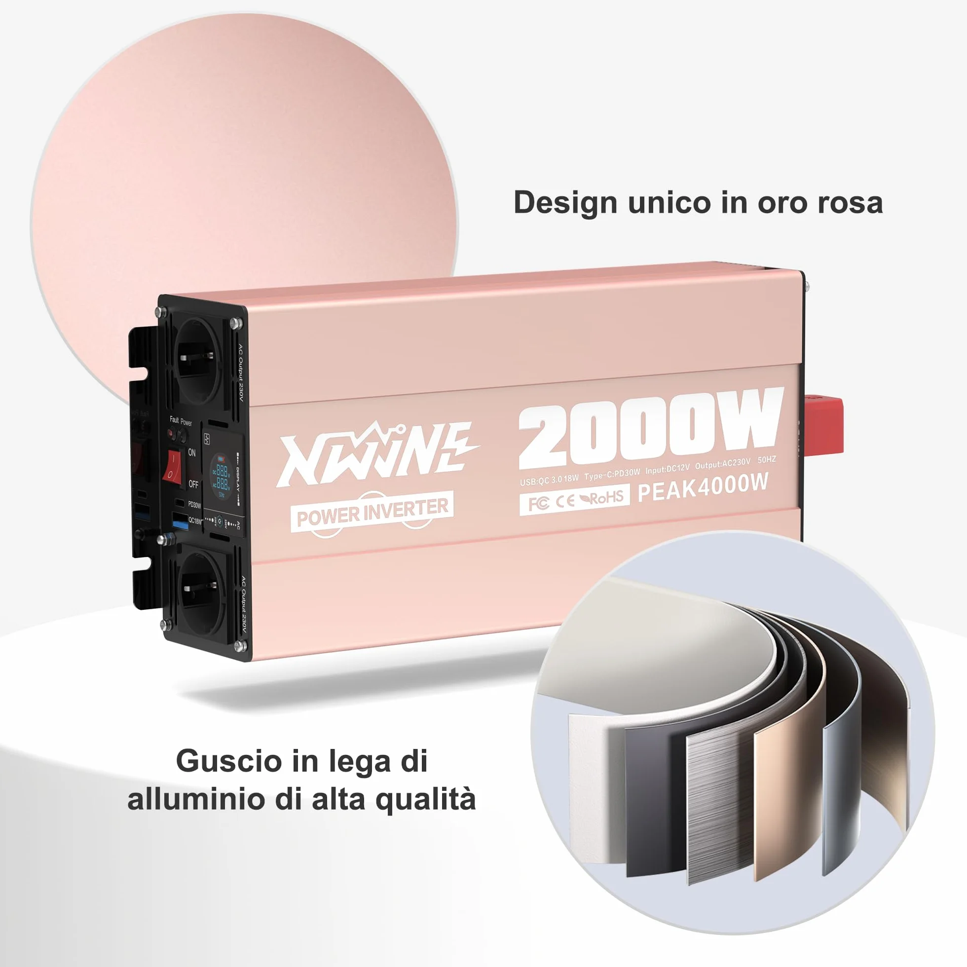 Inverter 12V 220V 2000W Onda Sinusoidale Pura Convertitore di Tensione con Display LCD e Telecomando