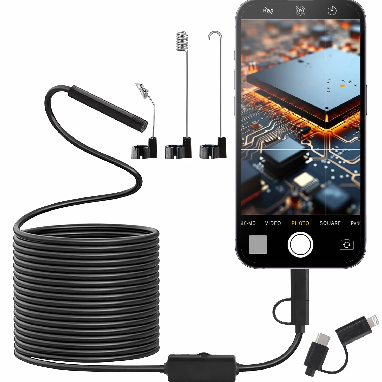 Endoscopio per Smartphone 1920P HD IP67 Impermeabile con 8 LED Cavo 5m per Android iOS