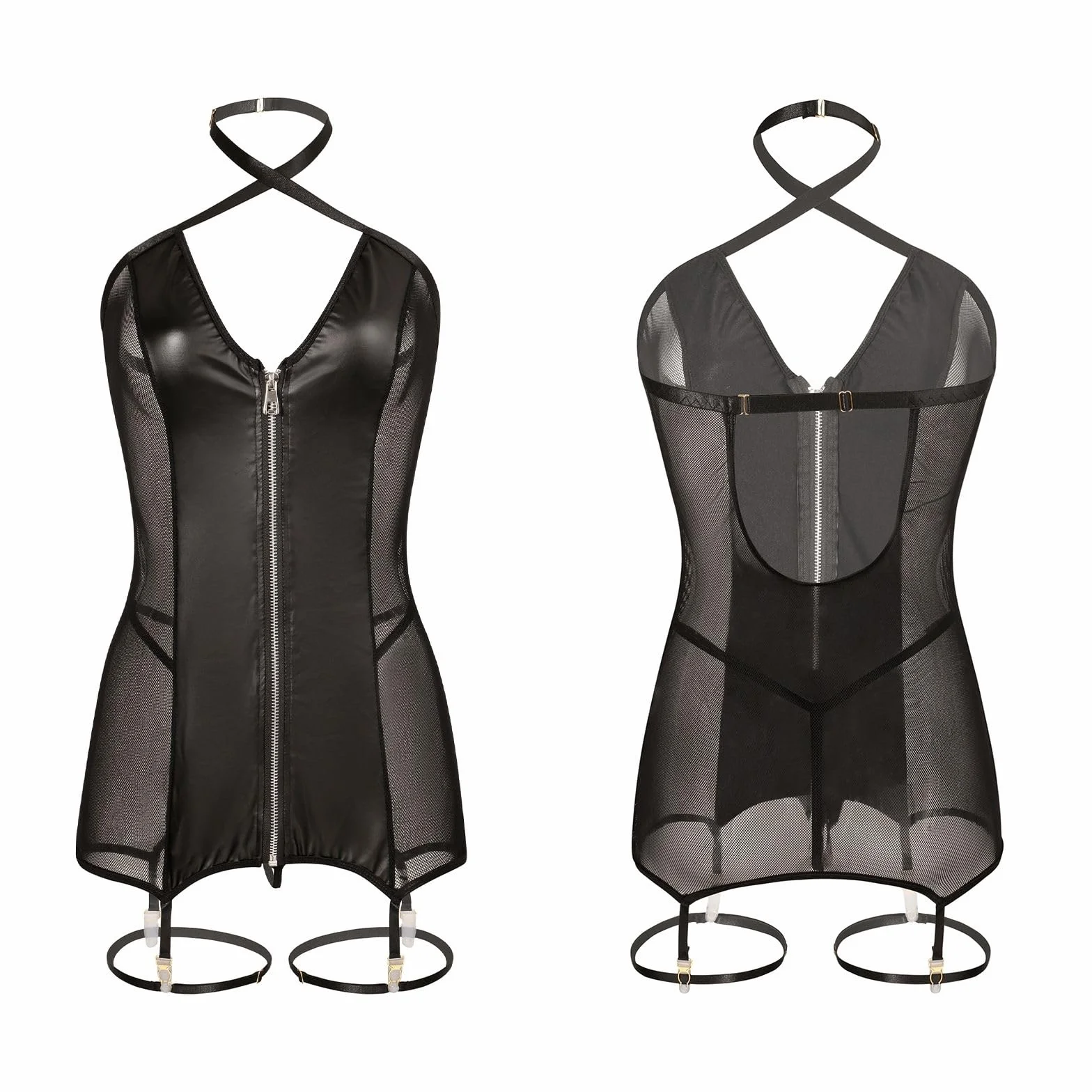Abito sexy in lattice pelle laccata effetto bagnato con chiusura lampo senza maniche da discoteca cocktail taglie S-XL