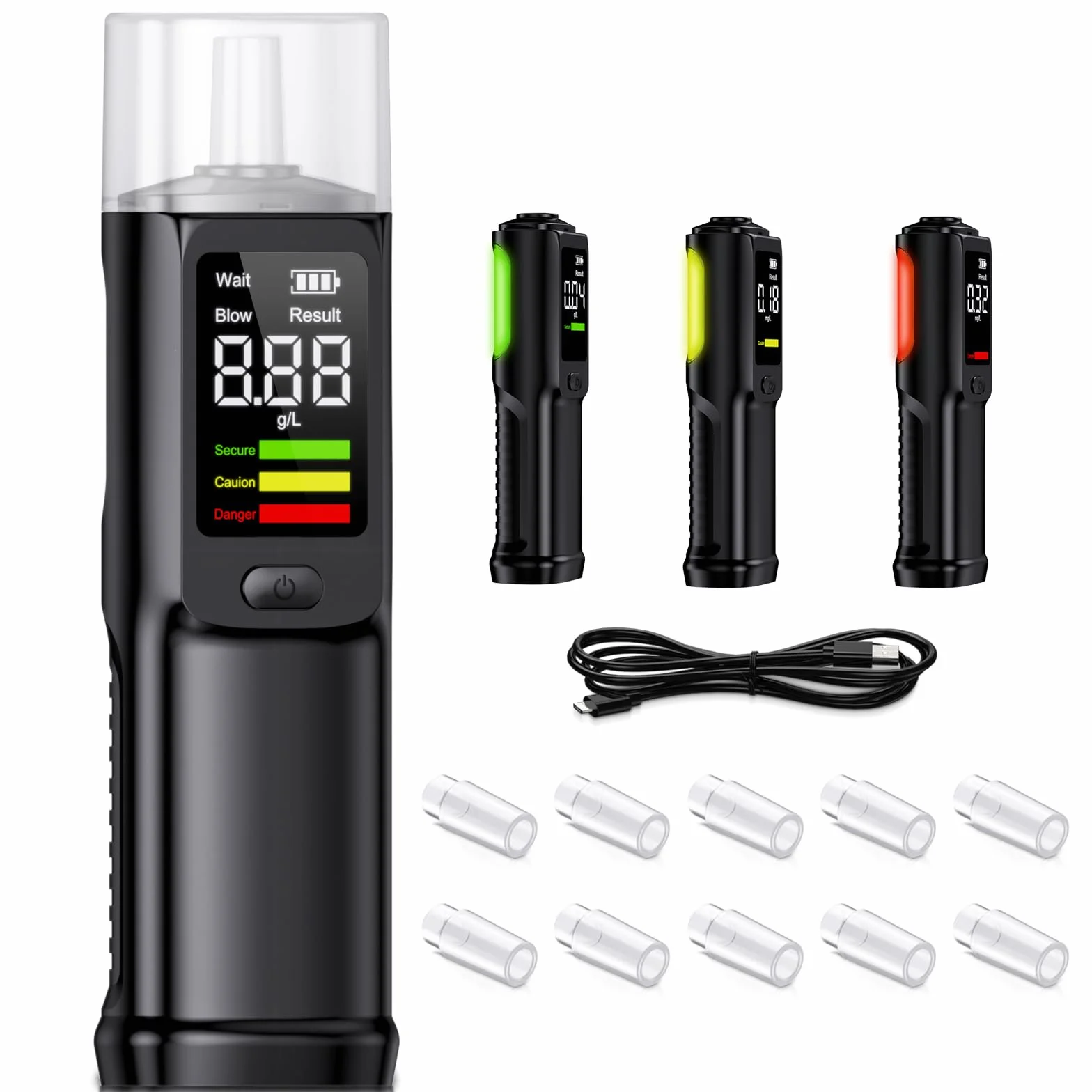 Etilometro Portatile Certificato USB C Ricaricabile Alcol Test con Display LCD - 10 Bocchini