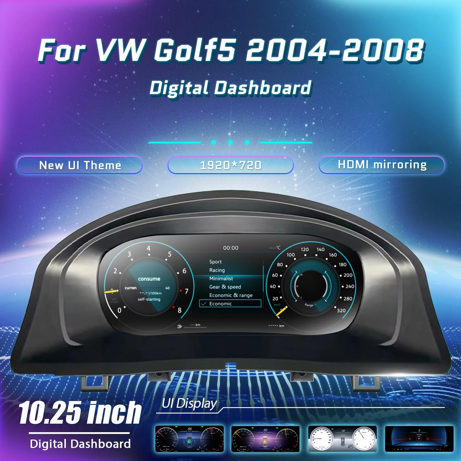 Quadro Strumenti Digitale per Golf 5 (2004-2008), Sostituisce Cruscotto e Tachimetro, Display LCD HD 12,3 Pollici
