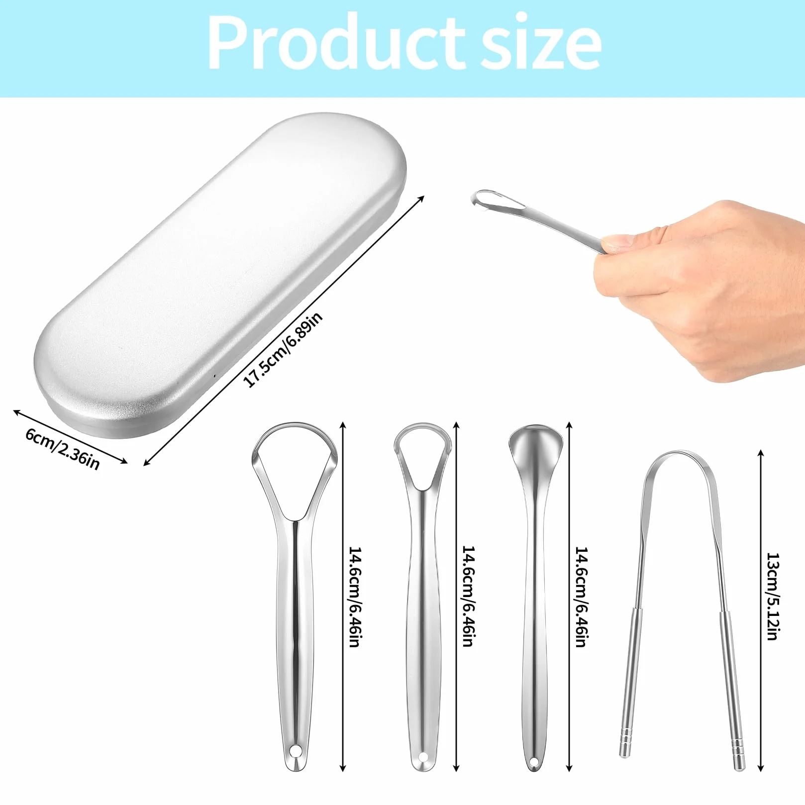 Pulisci Lingua in Acciaio Inox, Raschietto Lingua Metallo, Nettalingua Rame per Igiene Orale, Alito Fresco (argento)
