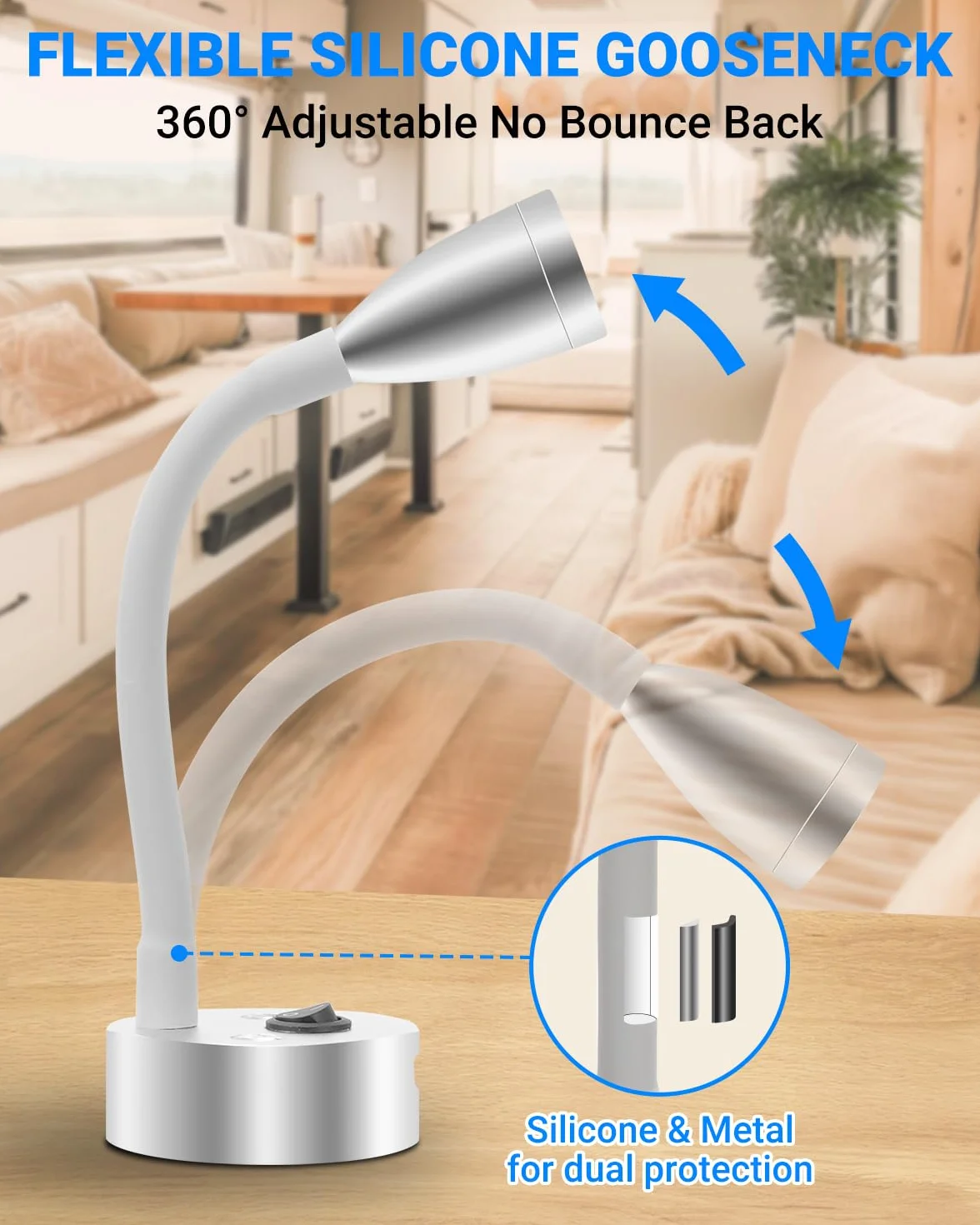 SUPAREE Luce da lettura a LED 12 V 3000 K con porta USB e collo d'oca flessibile 2 pezzi