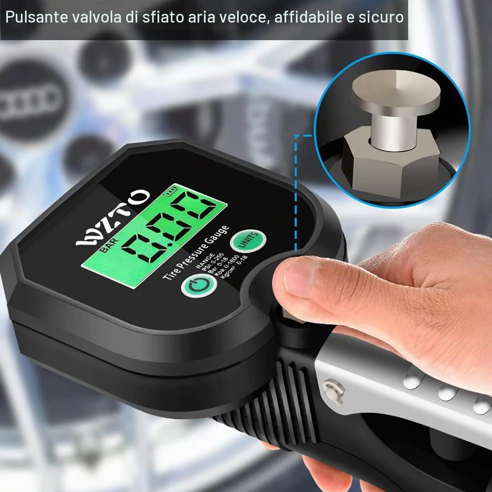 Manometro Pressione Gomme Professionale Digitale 255 PSI Pistola Gonfiaggio Pneumatici LCD Retroilluminato