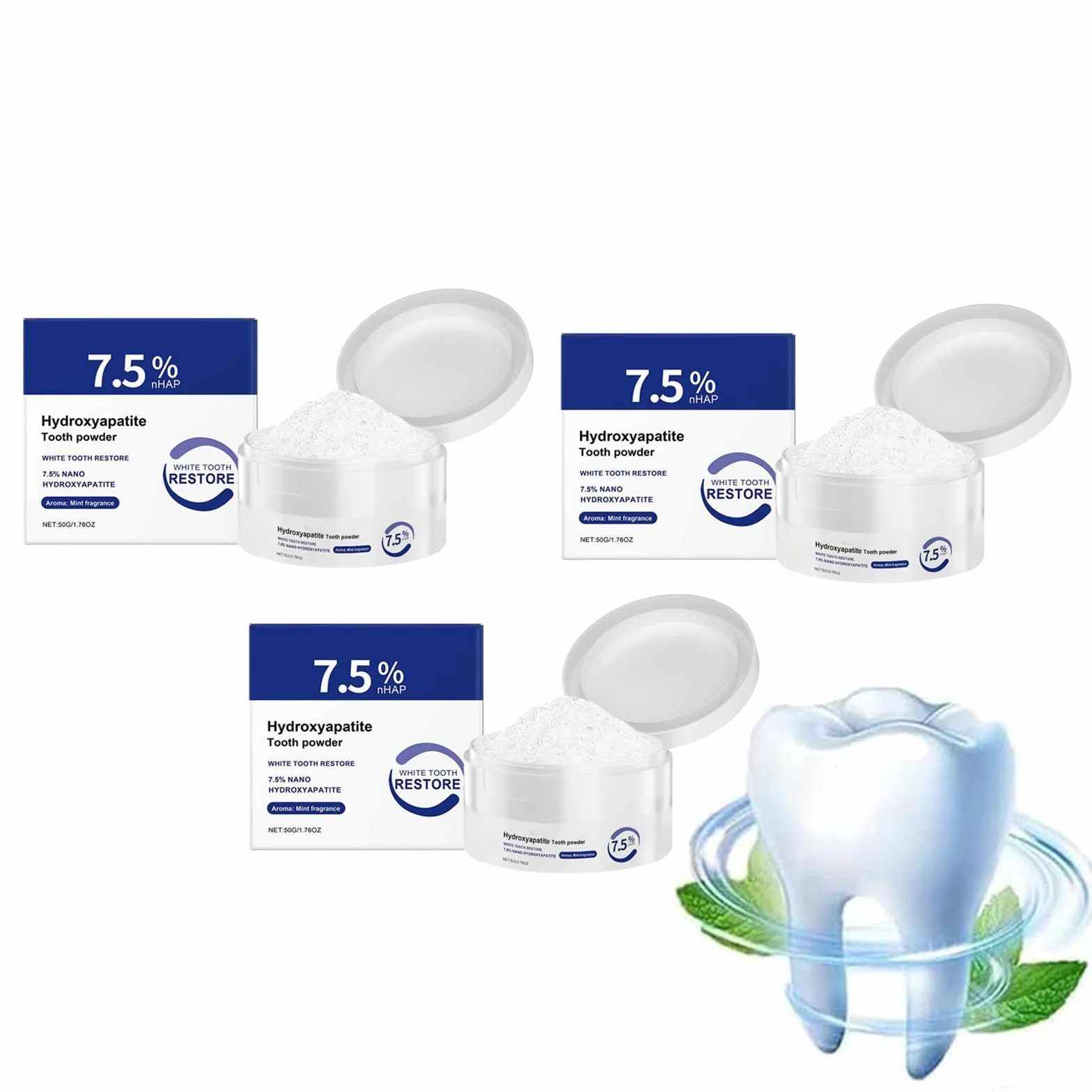 Idrossiapatite polvere dentifricio 7,5% per denti sensibili sbiancamento rimozione tartaro menta alito fresco (3PC)