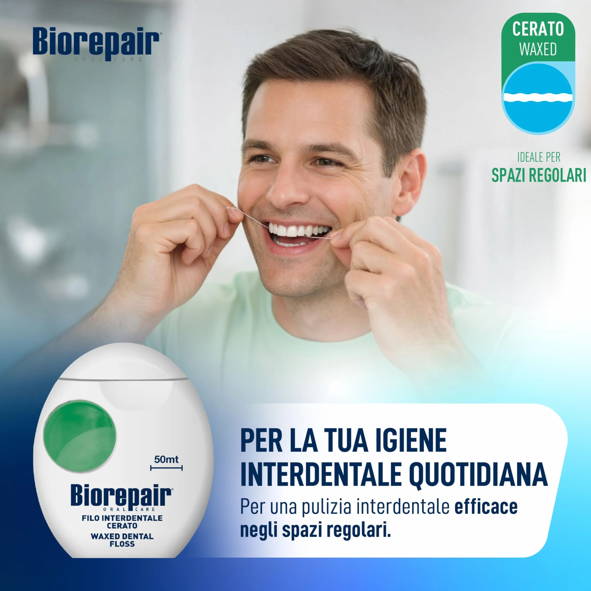 Biorepair Filo Interdentale Antibatterico Cerato Scorrevole Menta Fresca 50 mt