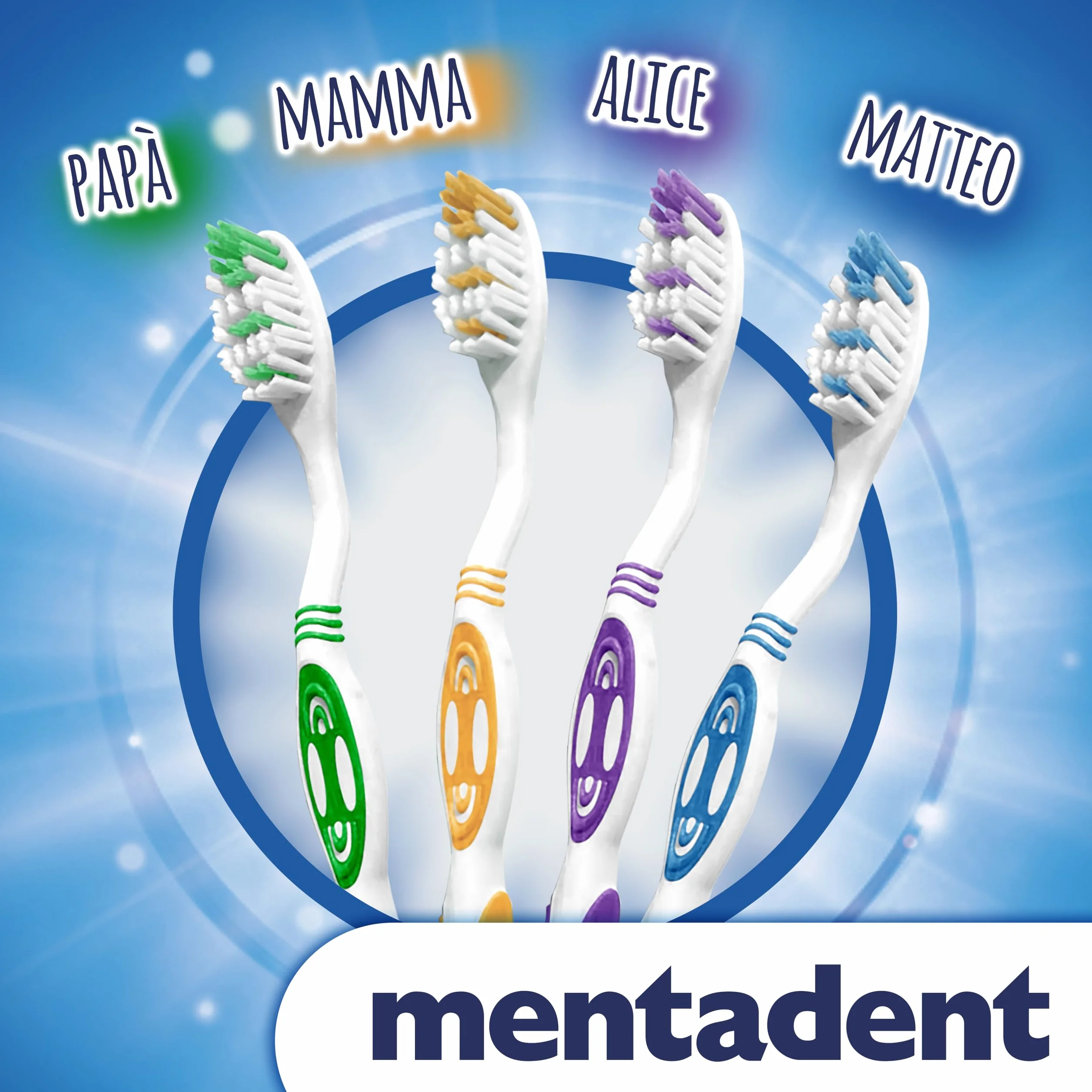 Mentadent Protezione Famiglia 4 Spazzolini Setole Medie Multi-angolazione Manico Tripla Angolazione Setole Lucidanti Pulisci-lingua Morbido