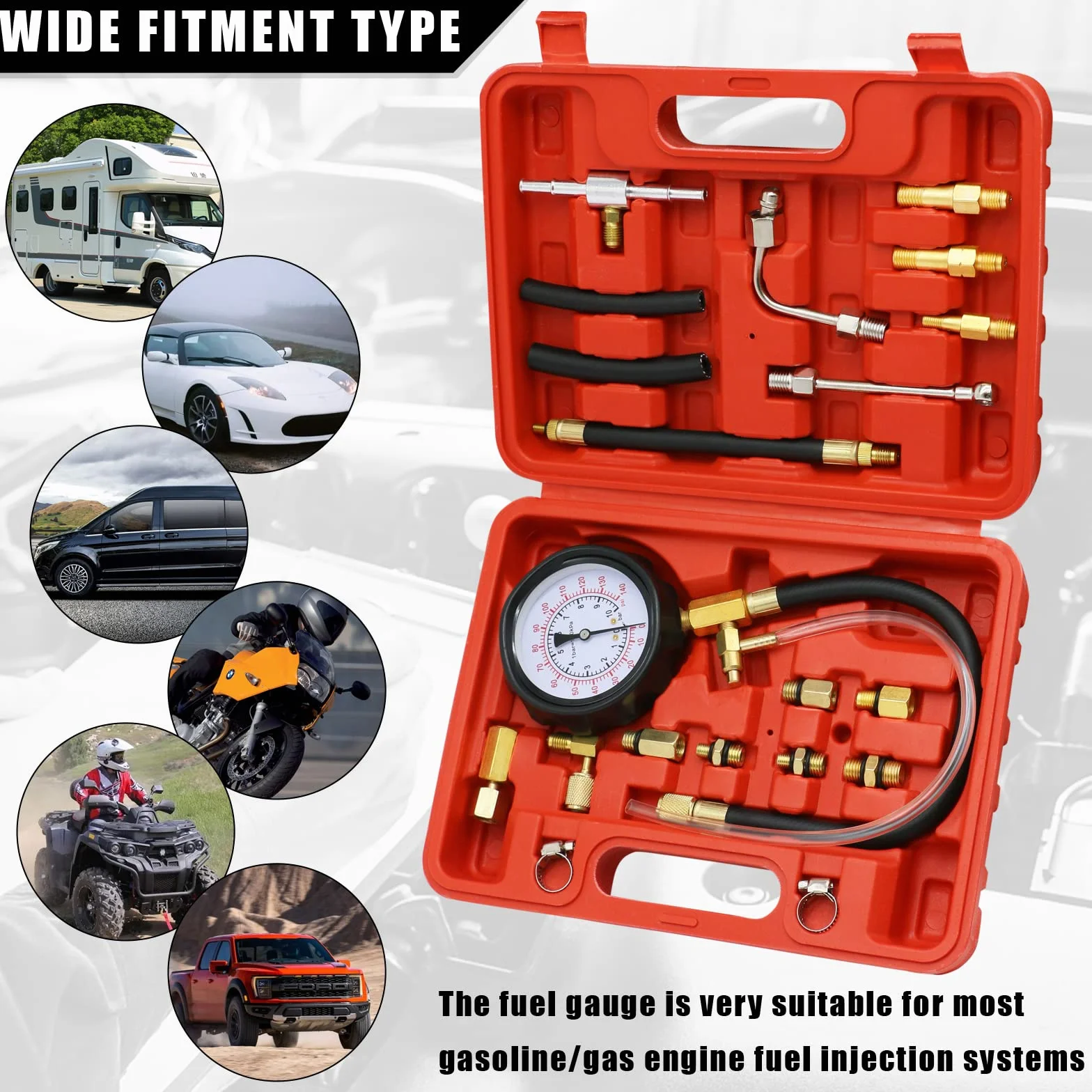0-140PSI pompa di iniezione, tester di pressione del carburante, kit universale per pompa del carburante, tester di pressione per benzina, auto, camion, moto, strumento diagnostico