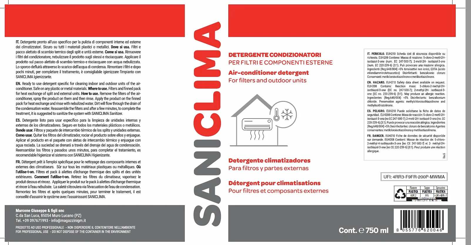 SANICLIMA Kit Sanificazione Pulizia Climatizzatori 750ml 400ml Detergente Igienizzante