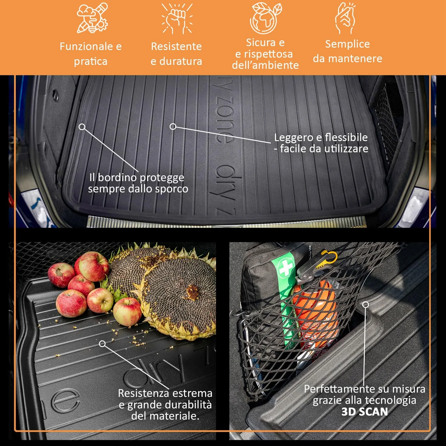 IMJ-Global Vasca Baule Auto dryZone su Misura Compatibile con Fiat Panda III dal 2011 in poi, Proteggi bagagliaio Gomma TPE per Migliorare Look e Sportività, Tappetino Premium in TPE Durevole