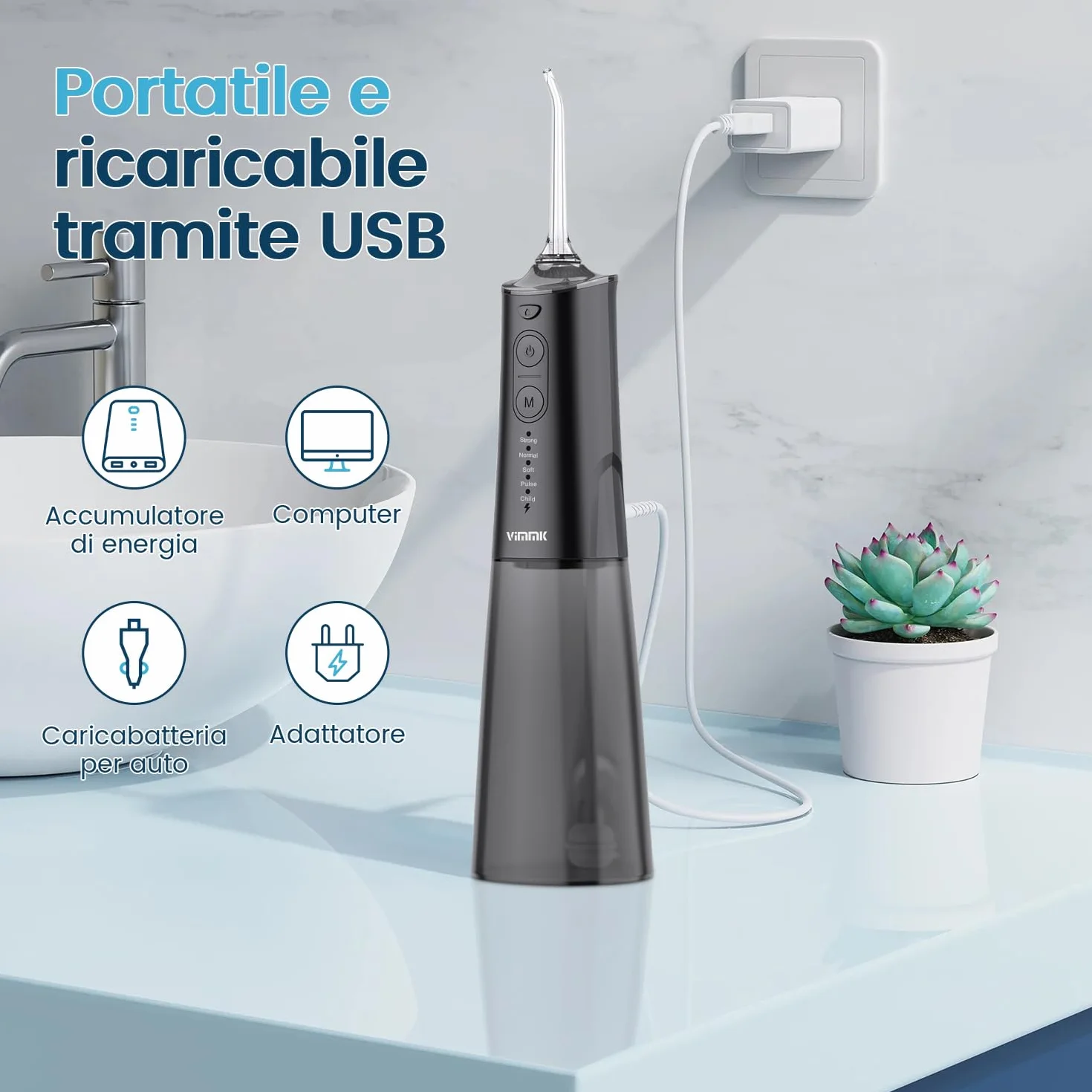 Vimmk Irrigatore Orale Senza Fili, Idropulsore Dentale Ricaricabile Impermeabile IPX7 Nero