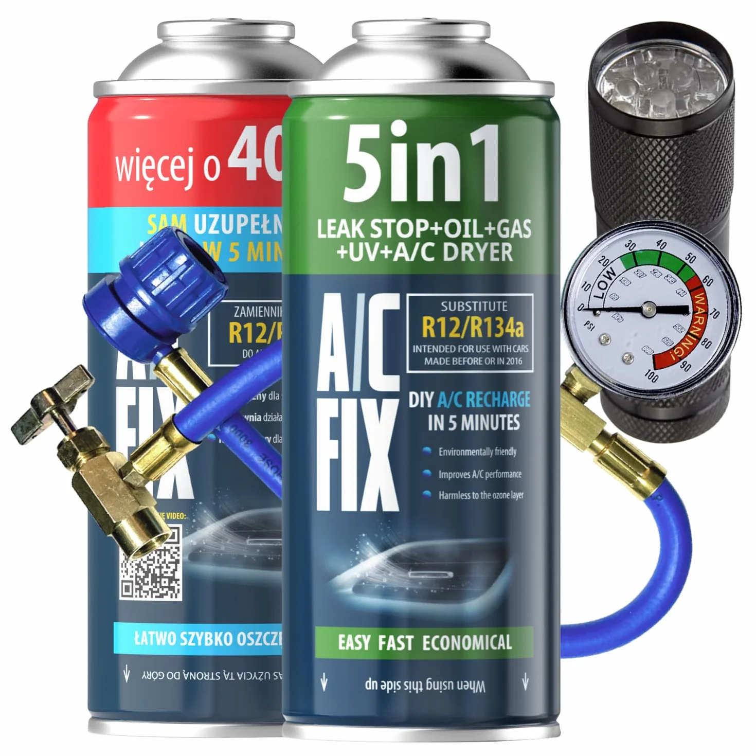 AC FIX 5-in-1 – R134a + R134a XL + Tubo flessibile + Torcia elettrica, 470 g Refrigerante per climatizzatori auto con olio, sigillante, colorante UV, essiccante – Protegge il compressore