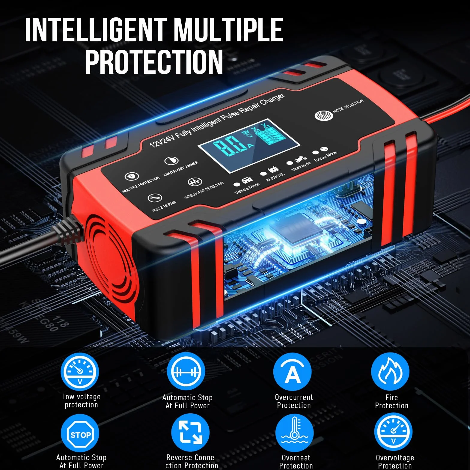Caricabatteria da Auto 12V 24V 8A Mantenitore Intelligente Schermo LED Automatico per Moto Barche