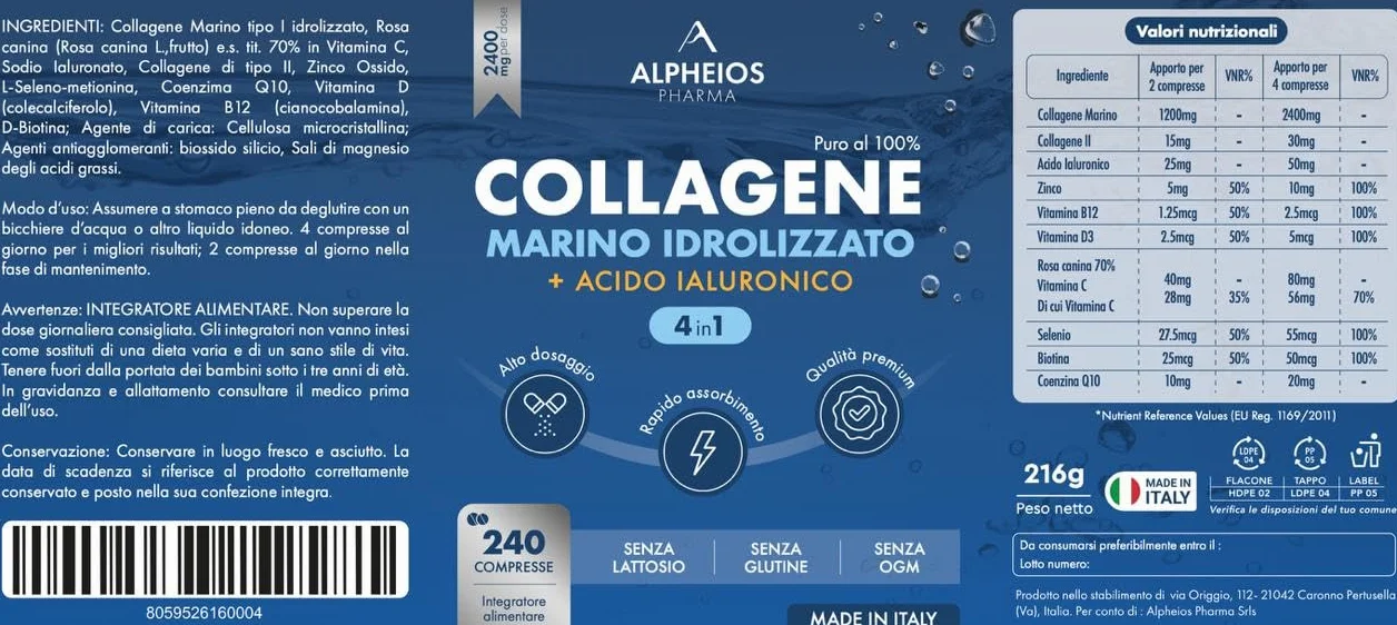 Collagene Marino con Acido Ialuronico 240 Compresse 2400mg Integratore Biotina Zinco Selenio Vitamina C Coenzima Q10