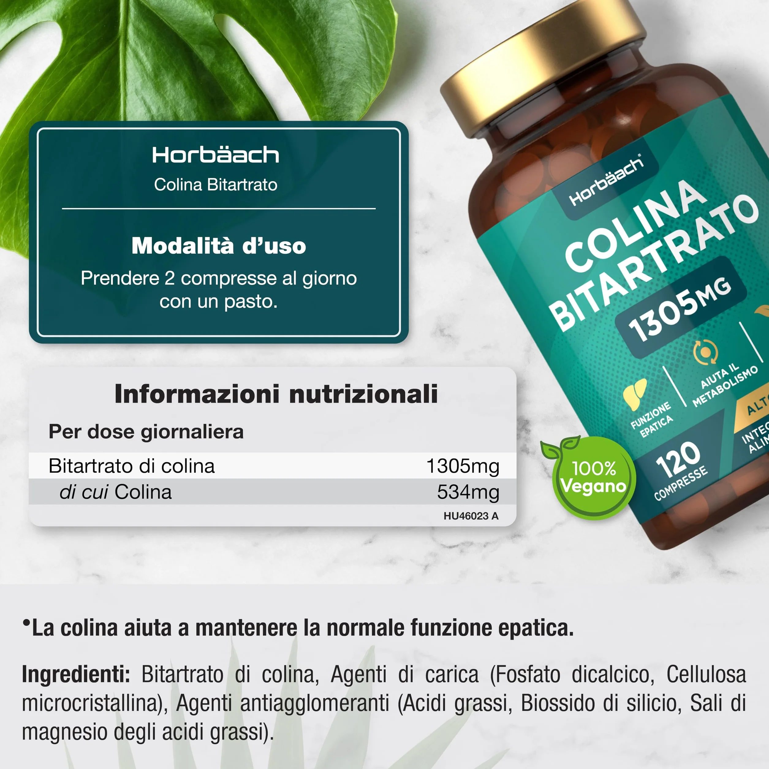 Horbaach Colina Bitartrato 1305mg 120 Compresse Integratore