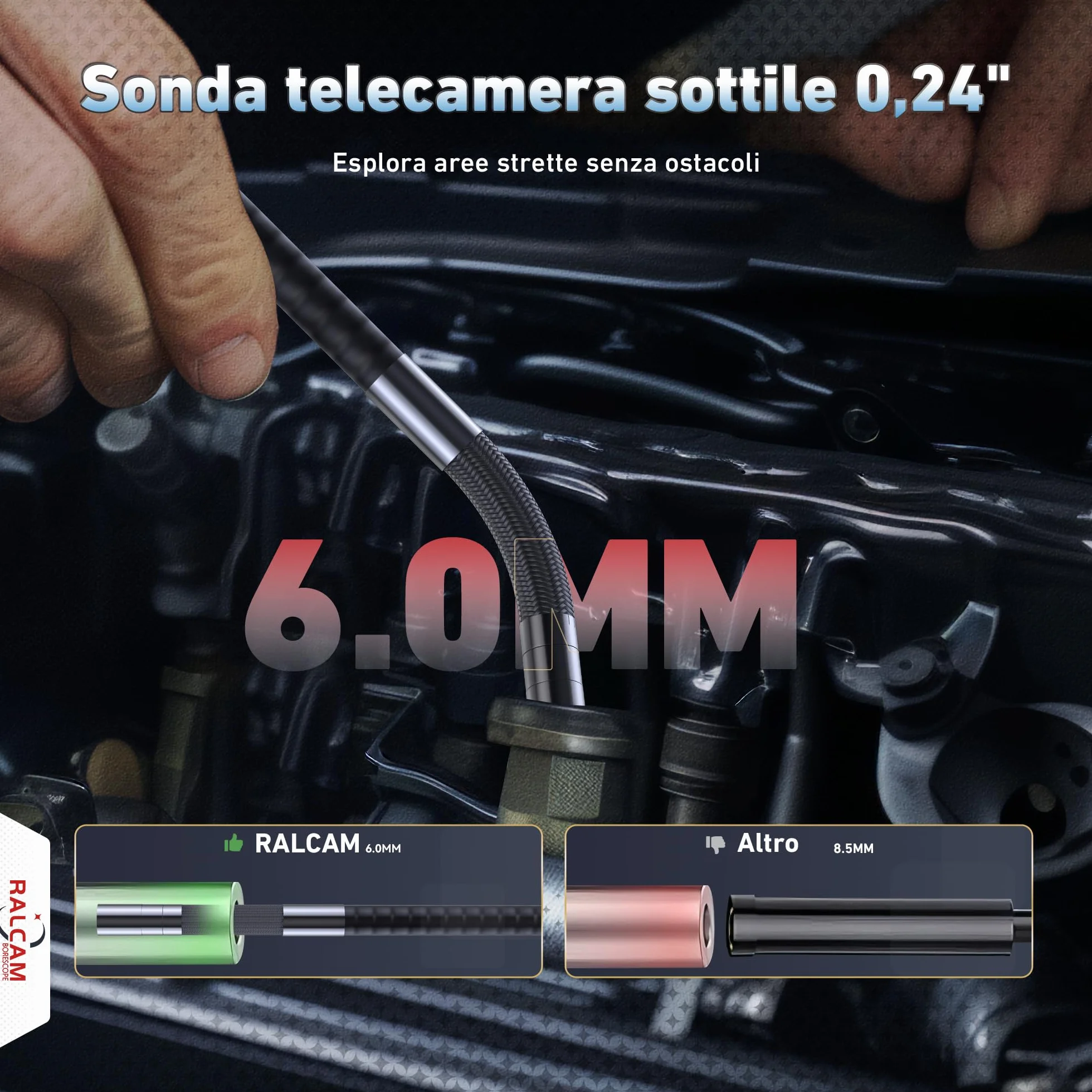 Ralcam Endoscopio 360° Orientabile con Display HD 5" 1280×720, Sonda 6,2 mm, Cavo 1,5 m, IP67 Impermeabile