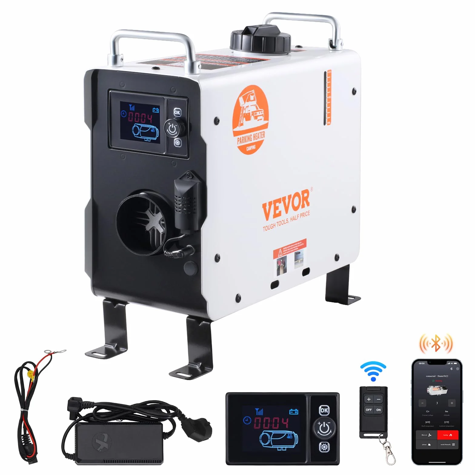 VEVOR Riscaldatore d'Aria Diesel 2 KW 12V/24V Bluetooth Controllo App Telecomando Schermo Allarme CO Portatile